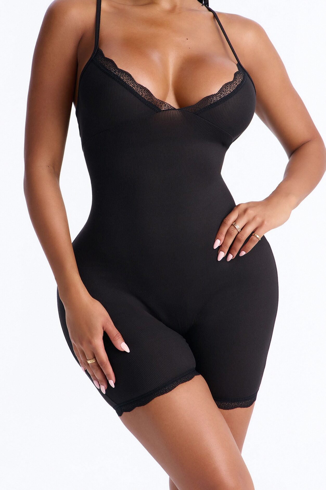 Slumber Party Cami Lace Trim PJ Romper Onesie - Black