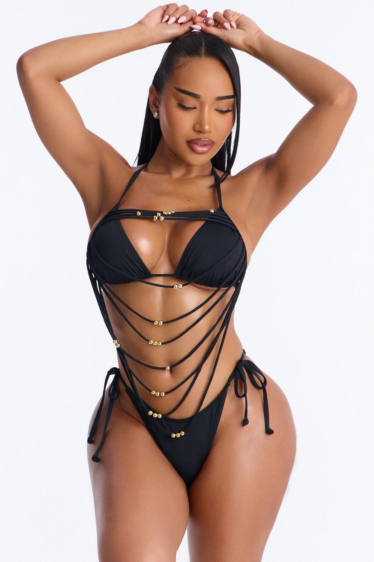 Treasure Island Strappy Waterfall Beaded 2 Piece Bikini - Black