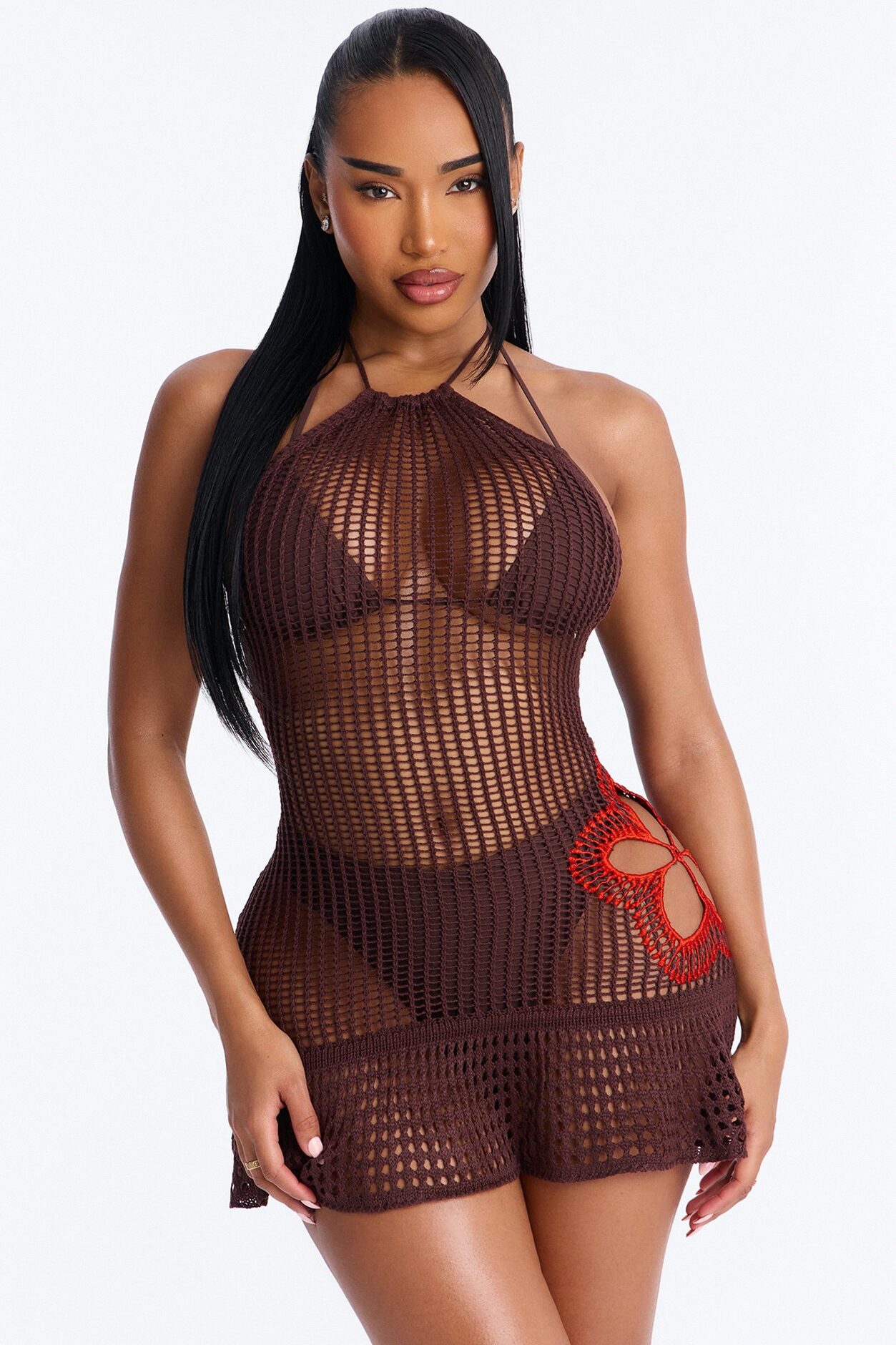 Cocoa Coast Crochet Swim Cover Up Halter Dress - Brown