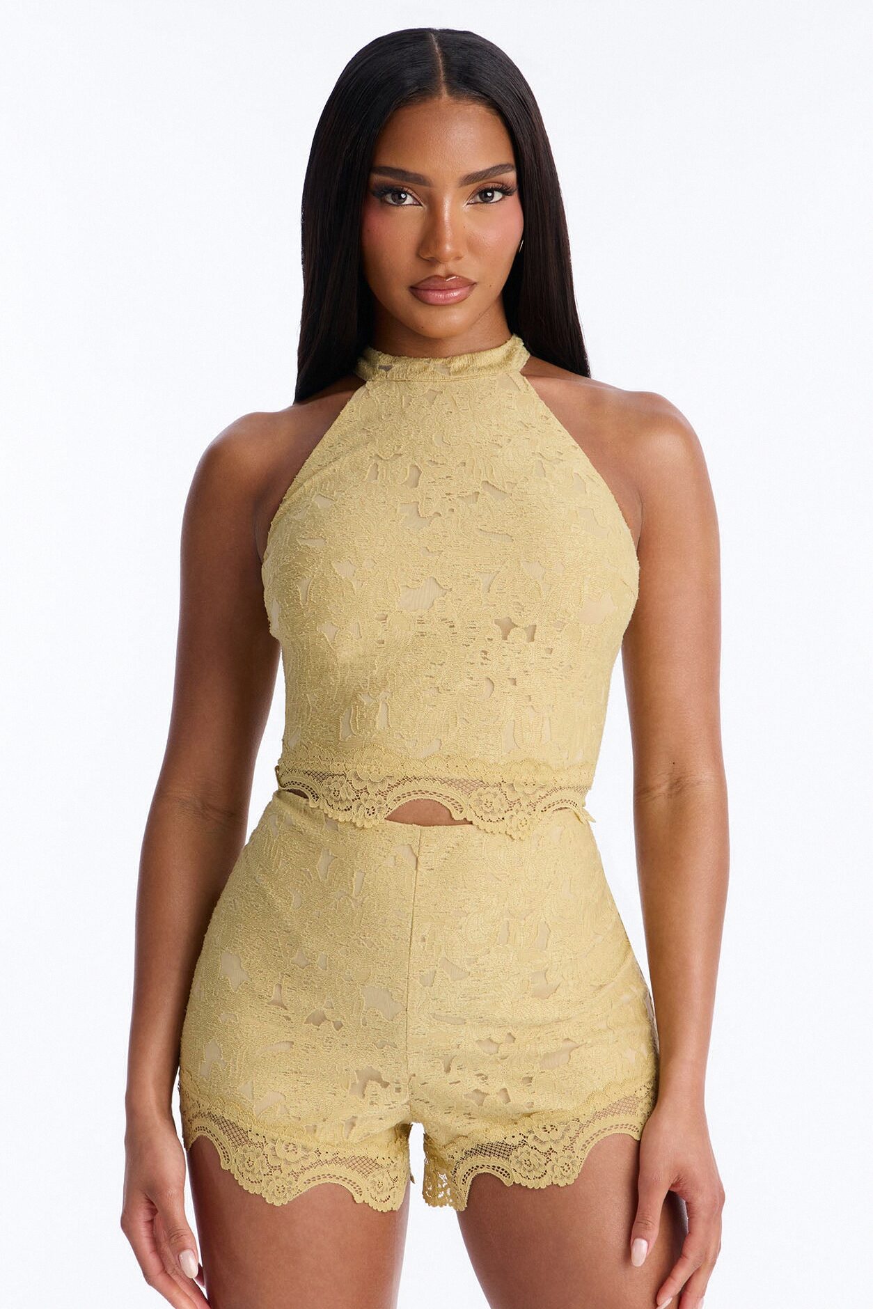 Lace Embrace Halter Top And Short Set - Yellow
