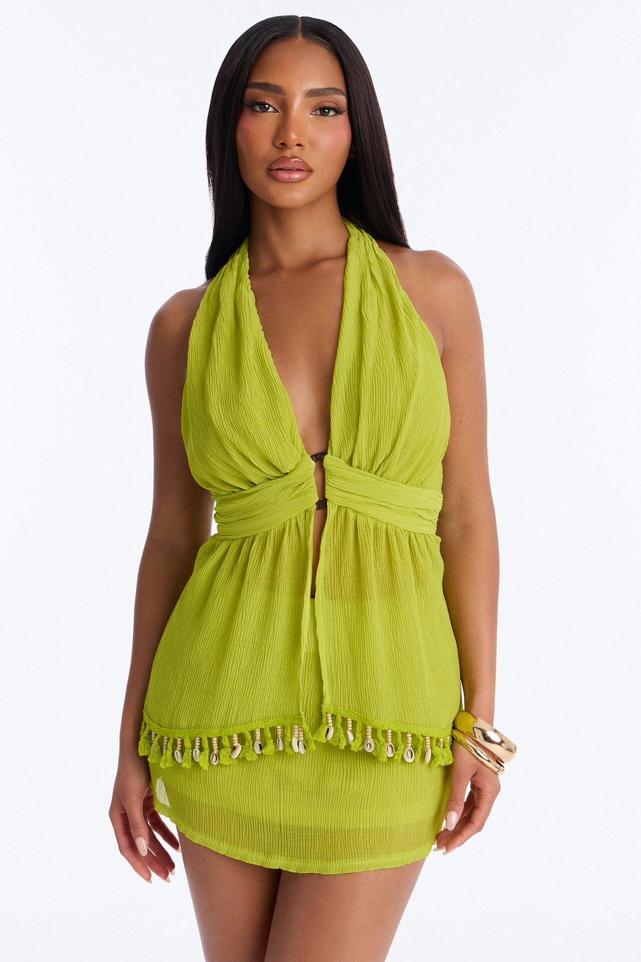 Shoreline Glow Halter Skirt Set - Chartreuse