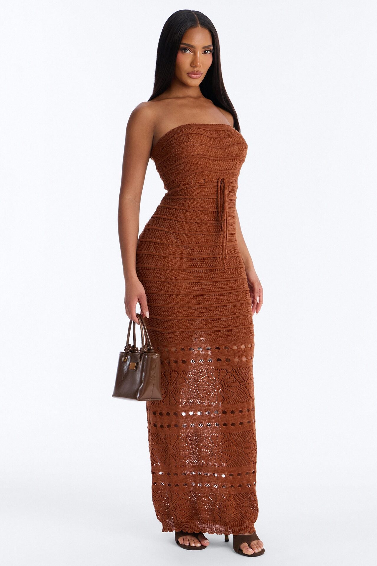 Pam Springs Strapless Crochet Maxi Dress - Cognac