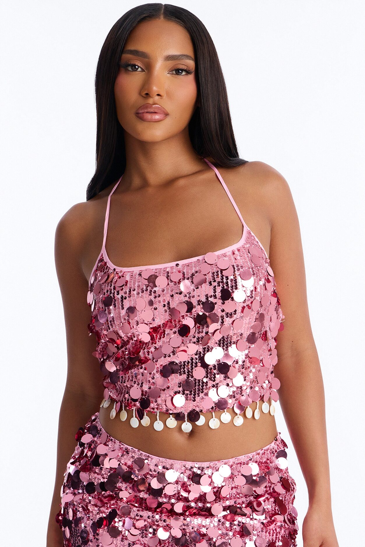 Sunset Drips Sequin Halter Top - Pink