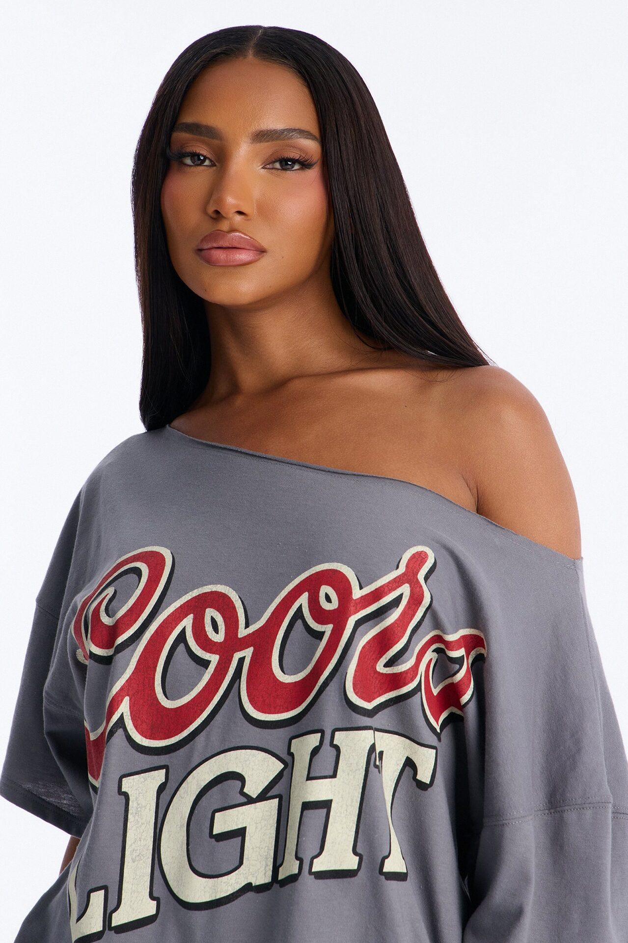 Coors Light Off Shoulder Cropped Tee - Charcoal