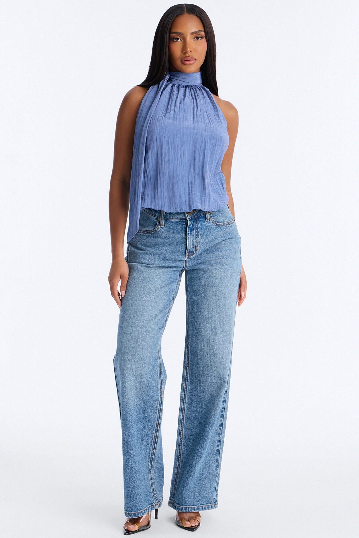 Stay Extra Scarf Plisse Top - Periwinkle