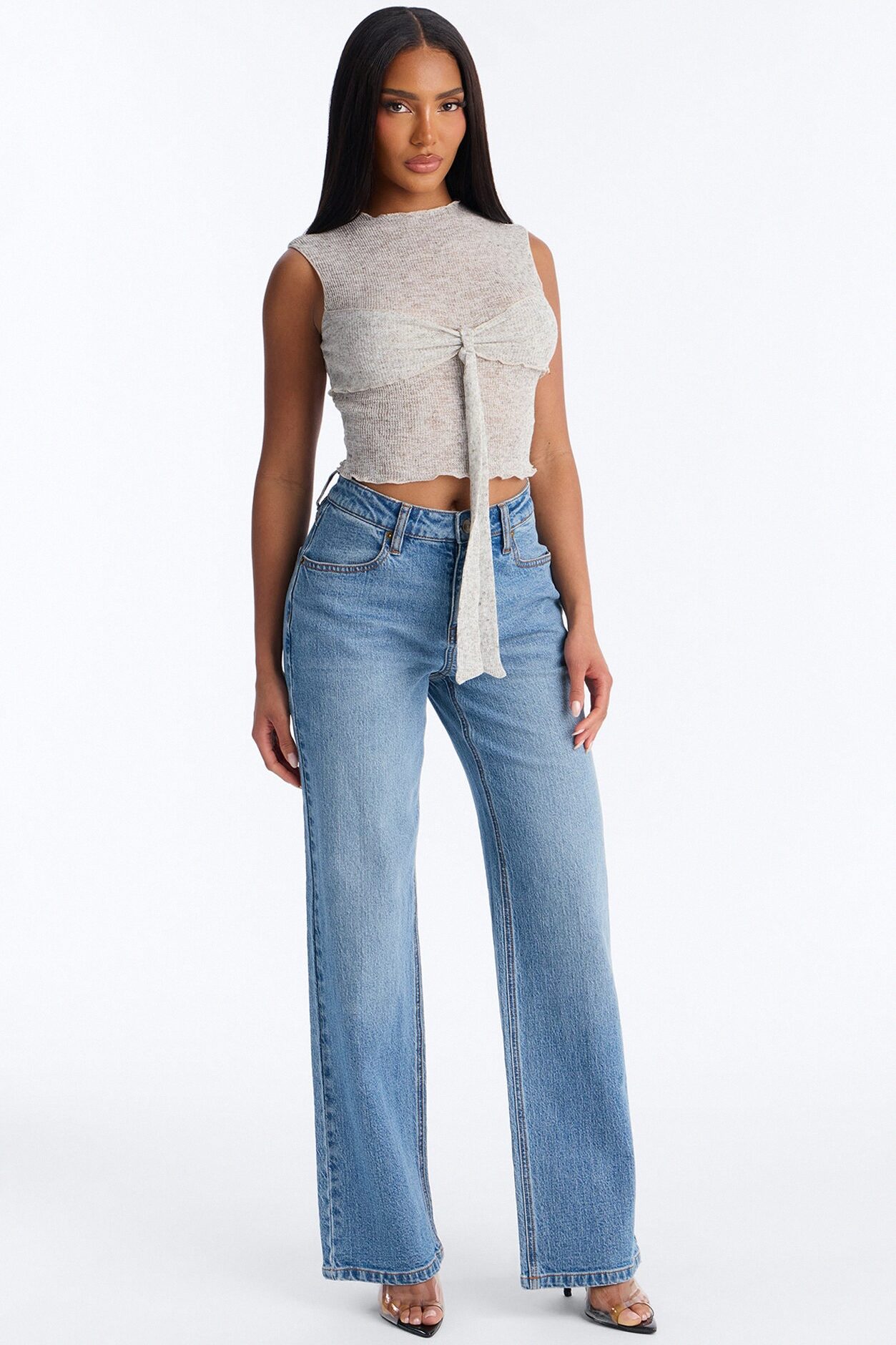 Heather Mock Neck Tie Sleeveless Top - Grey/combo