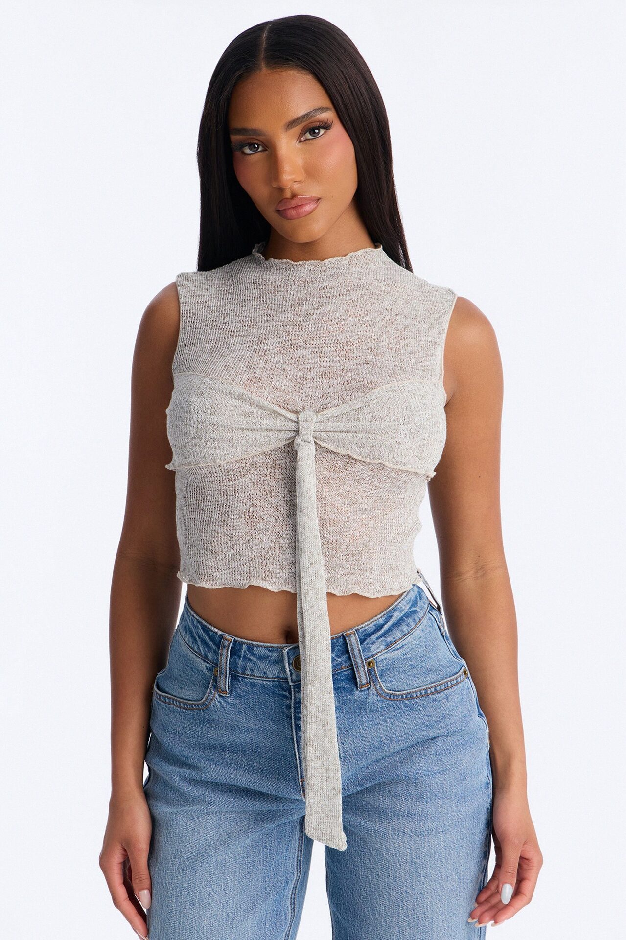Heather Mock Neck Tie Sleeveless Top - Grey/combo