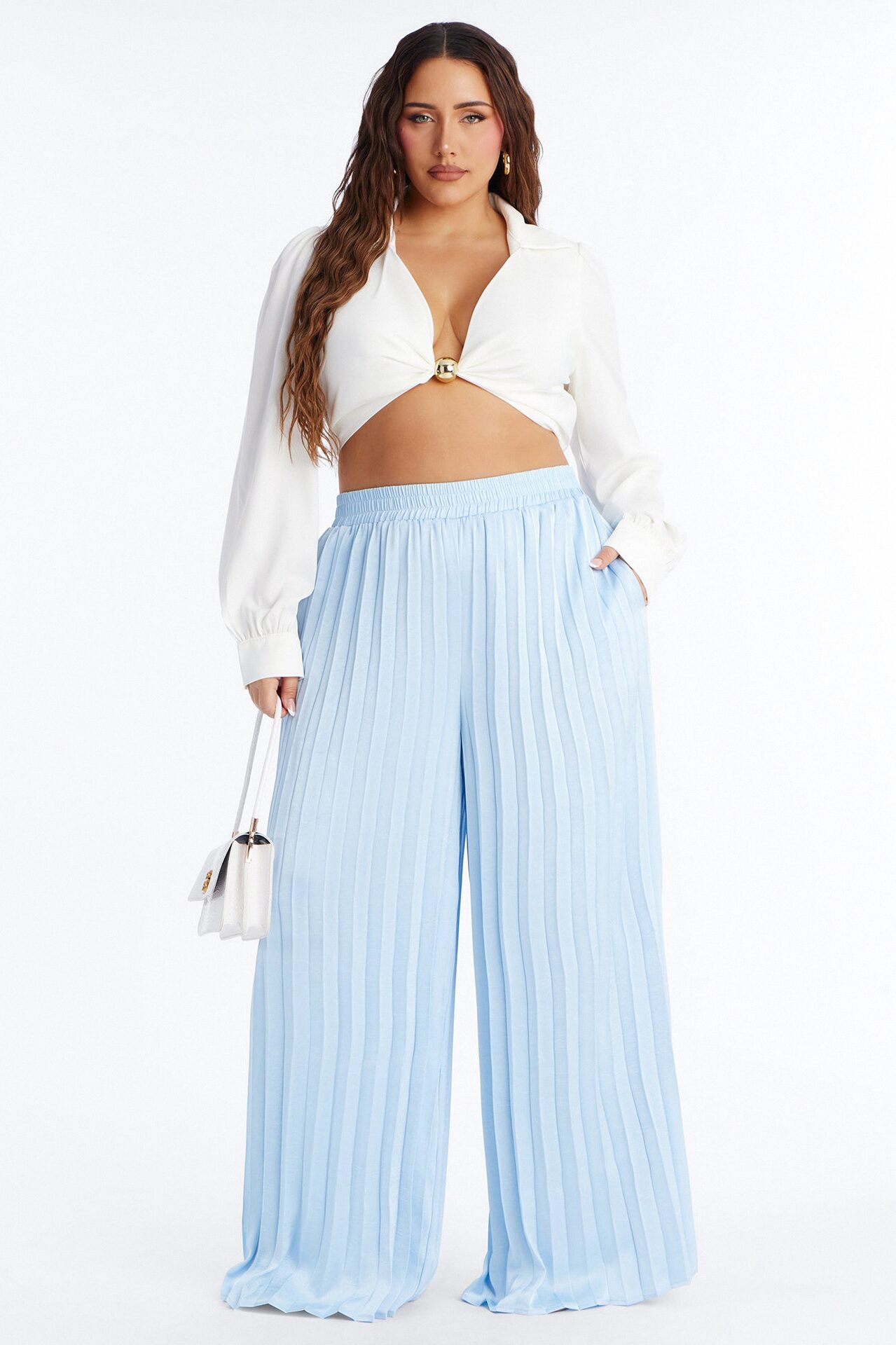 Let's Go Babe Satin Wide Leg Pant 32 - Light Blue