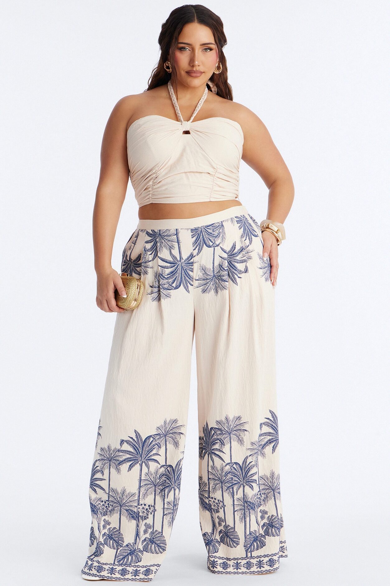 Island Babe Linen Halter Pant Set - Taupe/combo