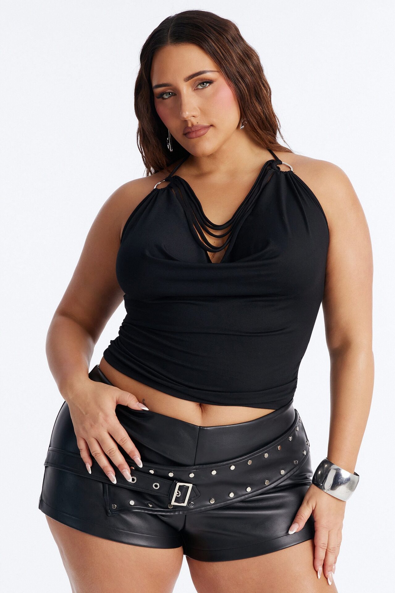 Party All Night Fringe Cowl Neck Halter Top - Black