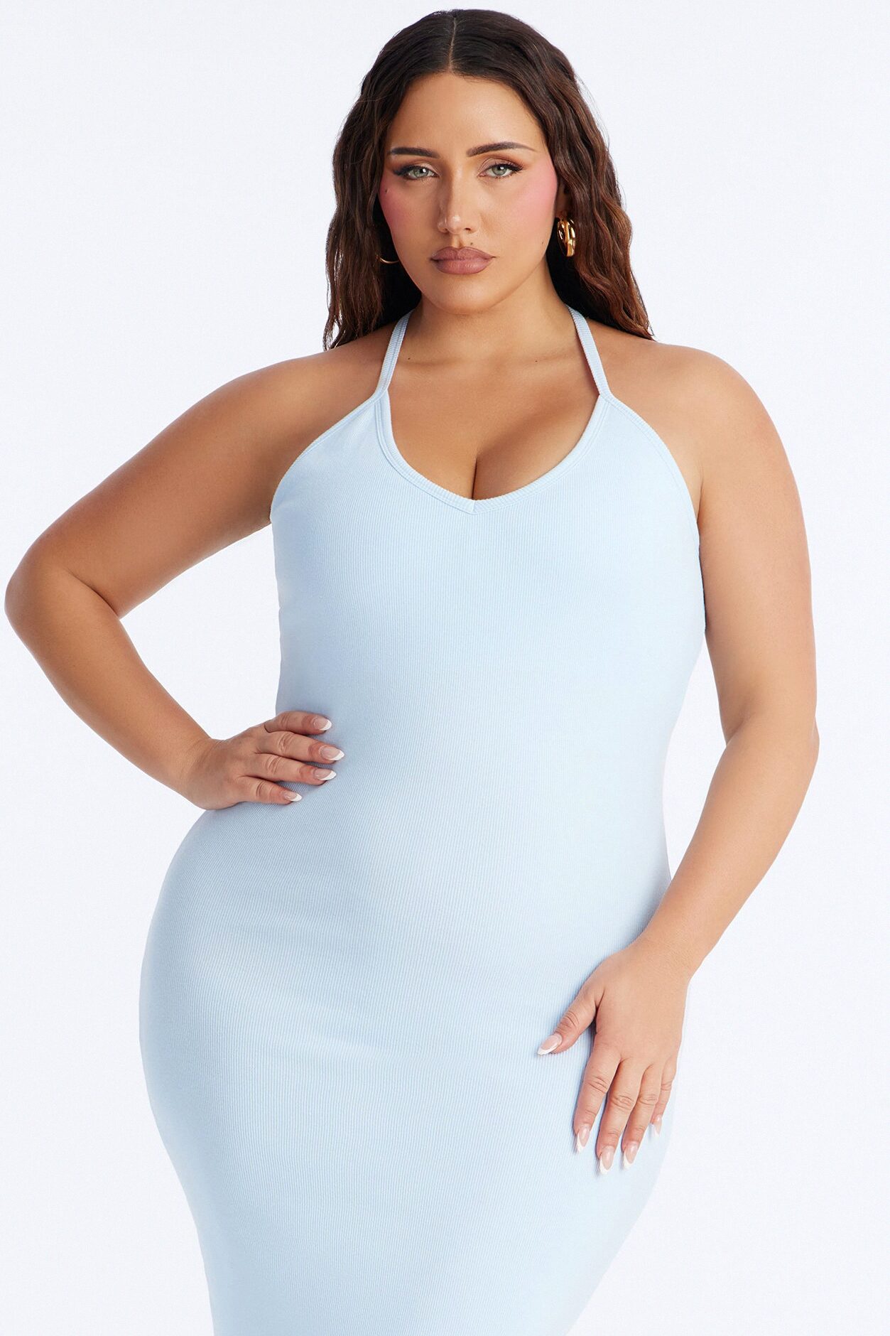 On The Daily Padded Ribbed Maxi Dress - Light Blue