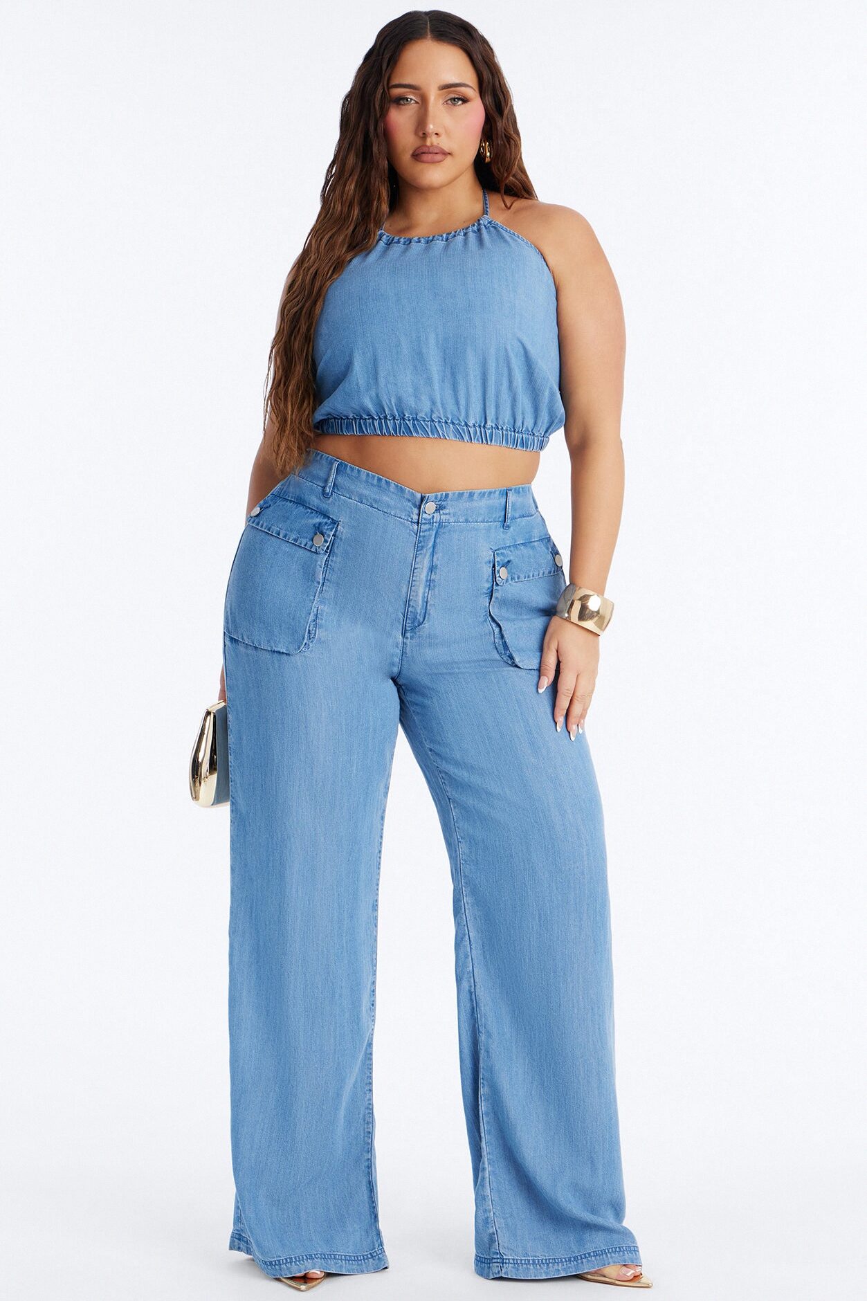 Renee Chambray Halter Pant Set - Blue