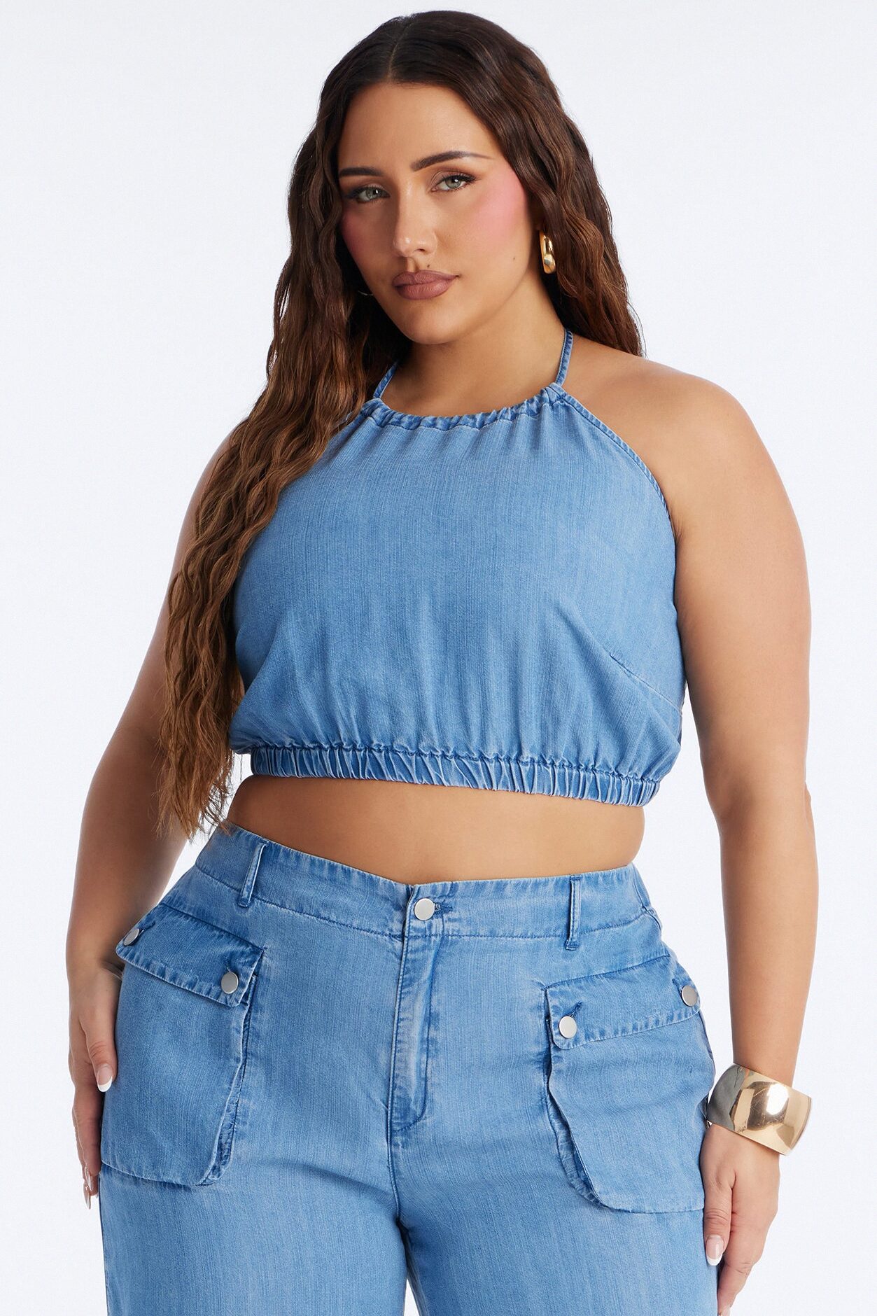 Renee Chambray Halter Pant Set - Blue