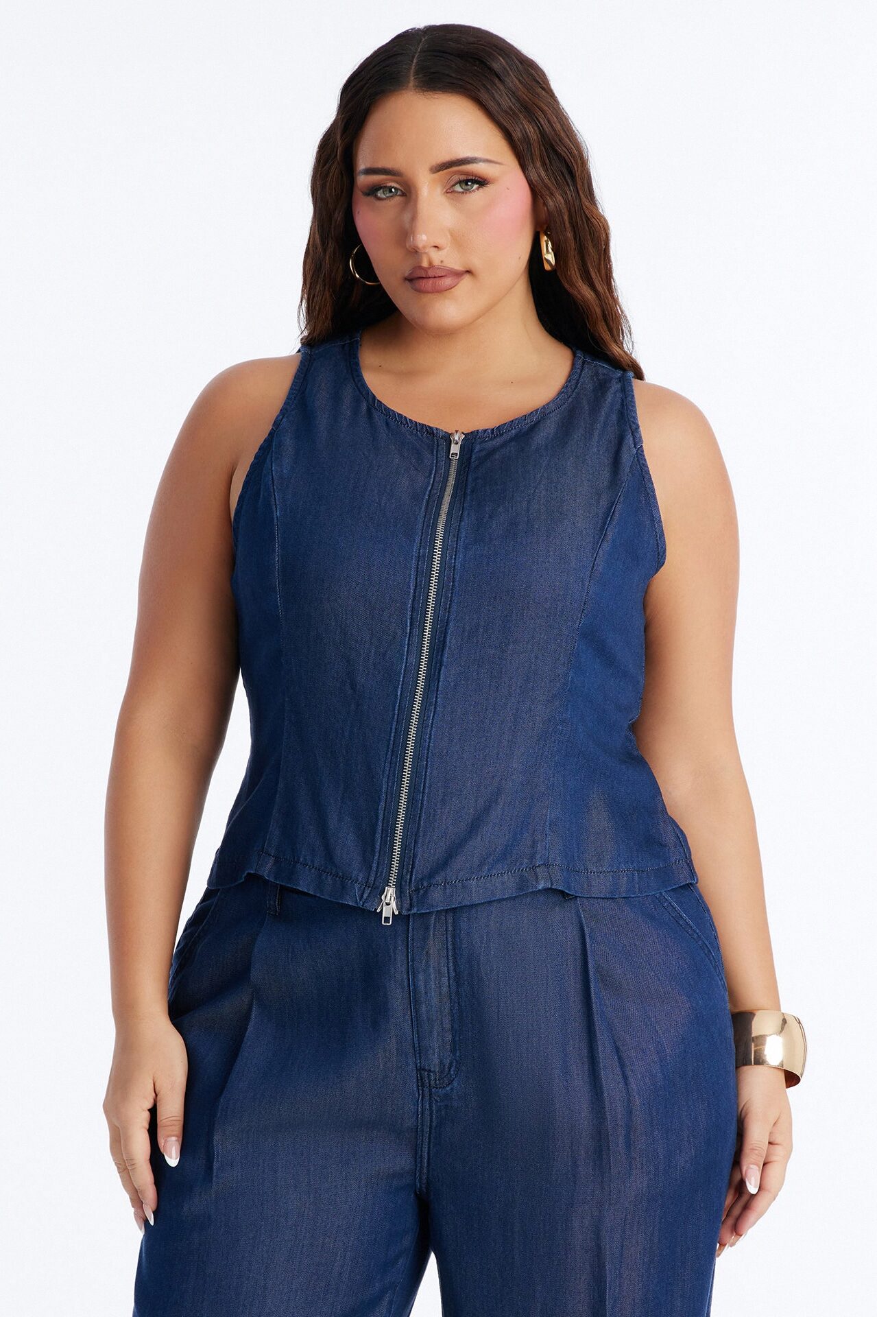 Haven Zip Up Sleeveless Dark Chambray Top - Rinse Blue Wash