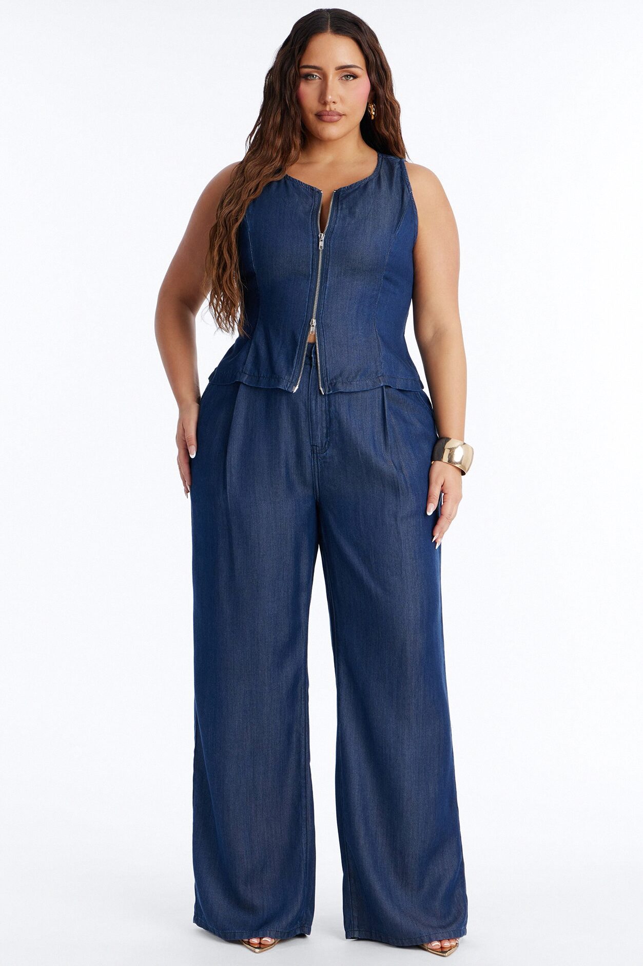 Haven Mid Rise Wide Leg Dark Chambray Pant 33″ - Rinse Blue Wash