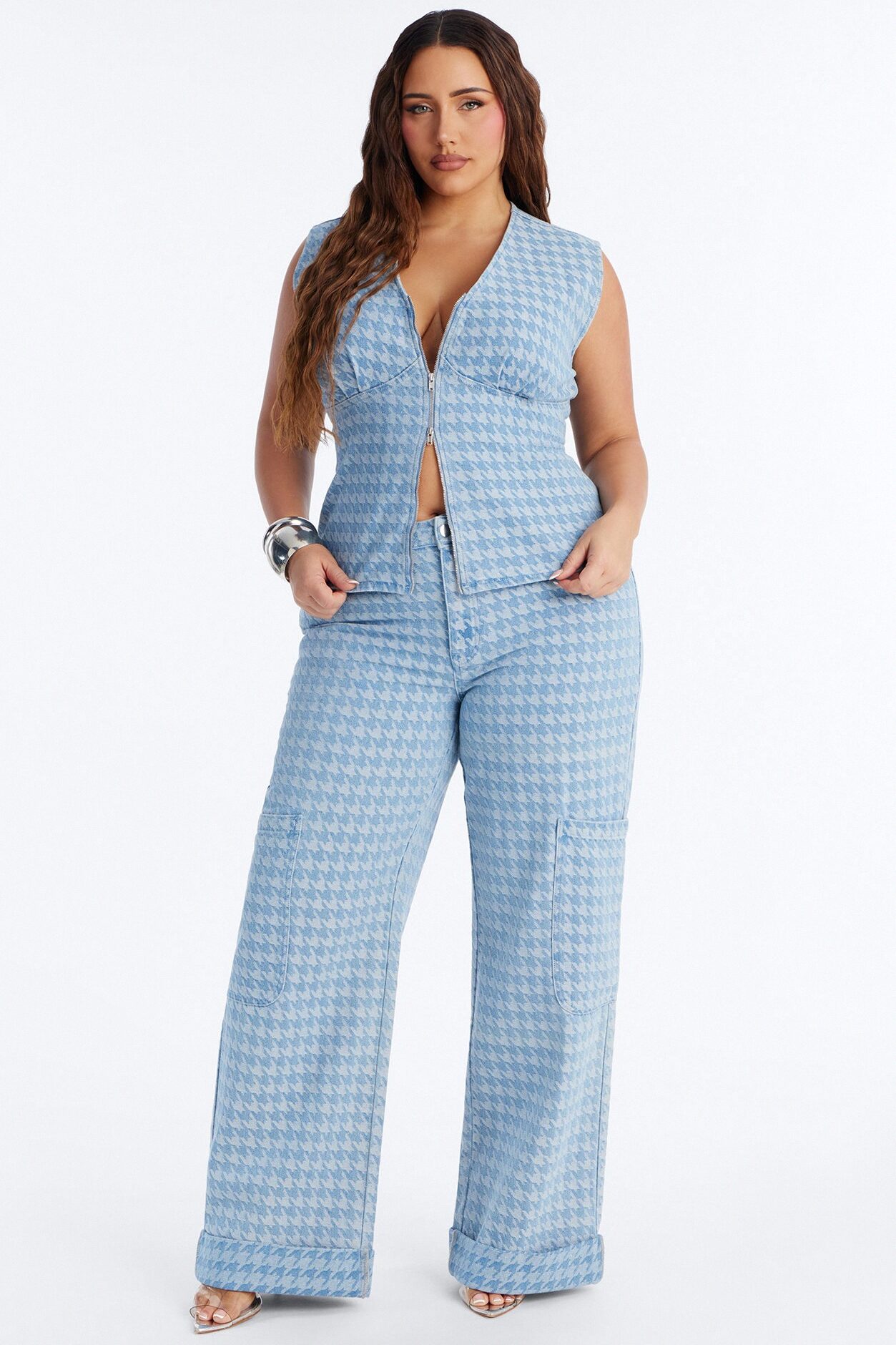 Desiree Denim Houndstooth Pant Set - Light Wash