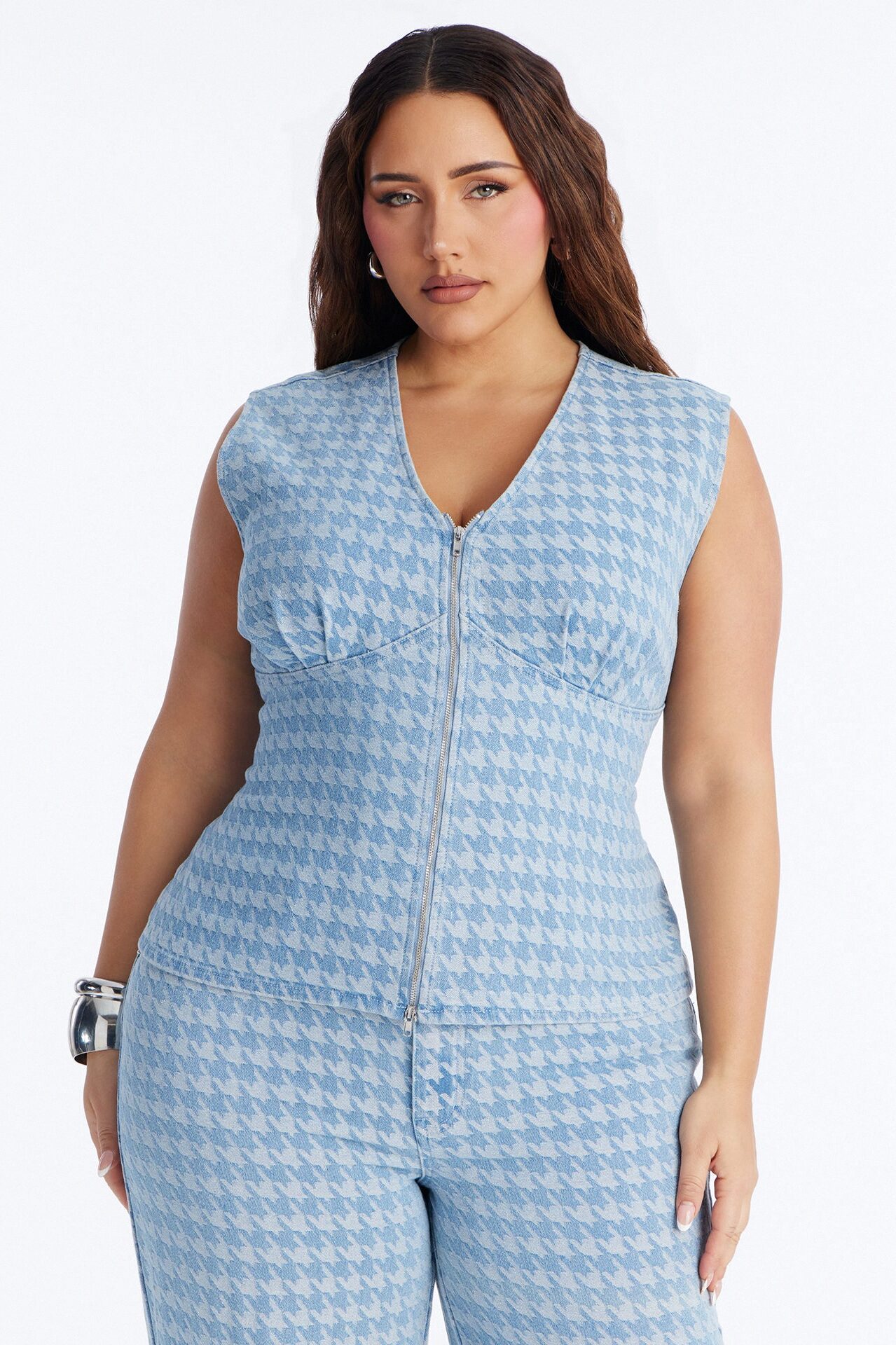 Desiree Denim Houndstooth Pant Set - Light Wash