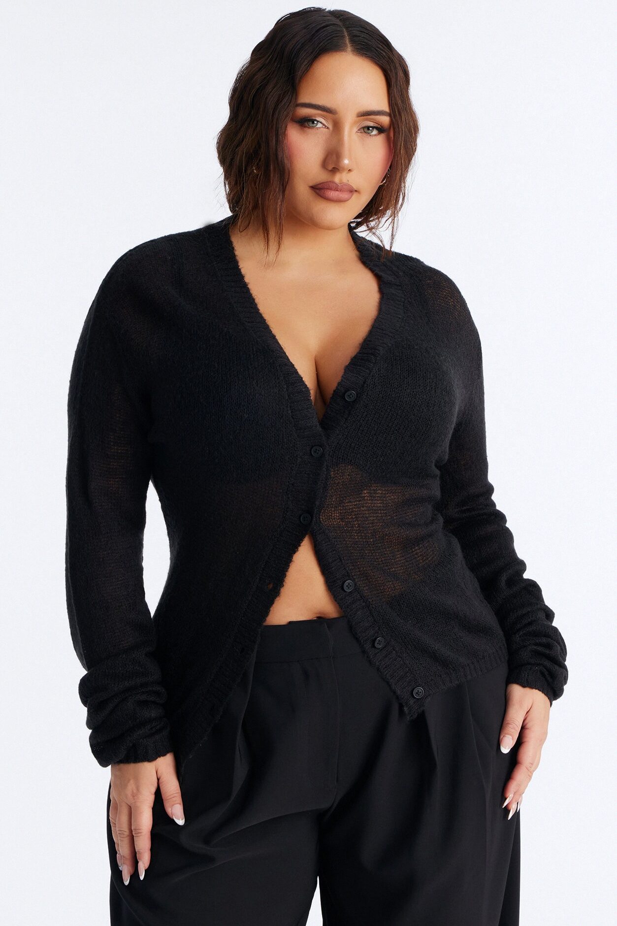 Sheer Me Out Long Sleeve Button Up Cardigan Sweater - Black