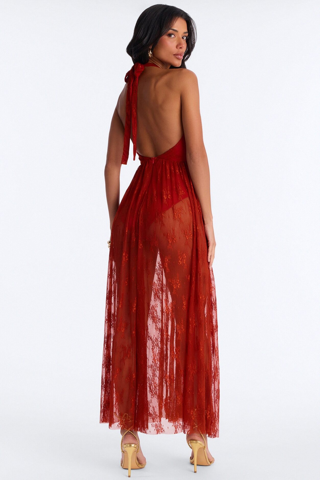 Top Tier Sheer Lace Maxi Dress - Rust