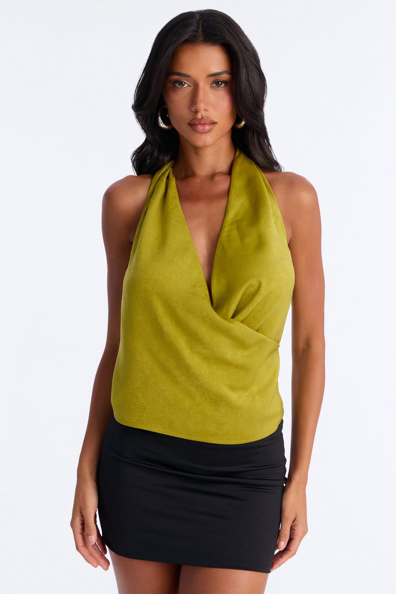 Slightly Chaotic Surplice Neck Satin Halter Top - Chartreuse