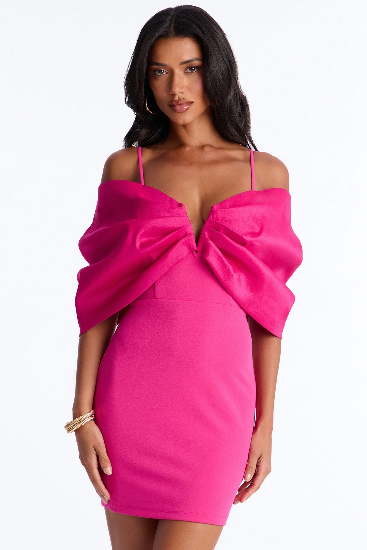 Audrina Pleated Bow Mini Dress - Fuchsia