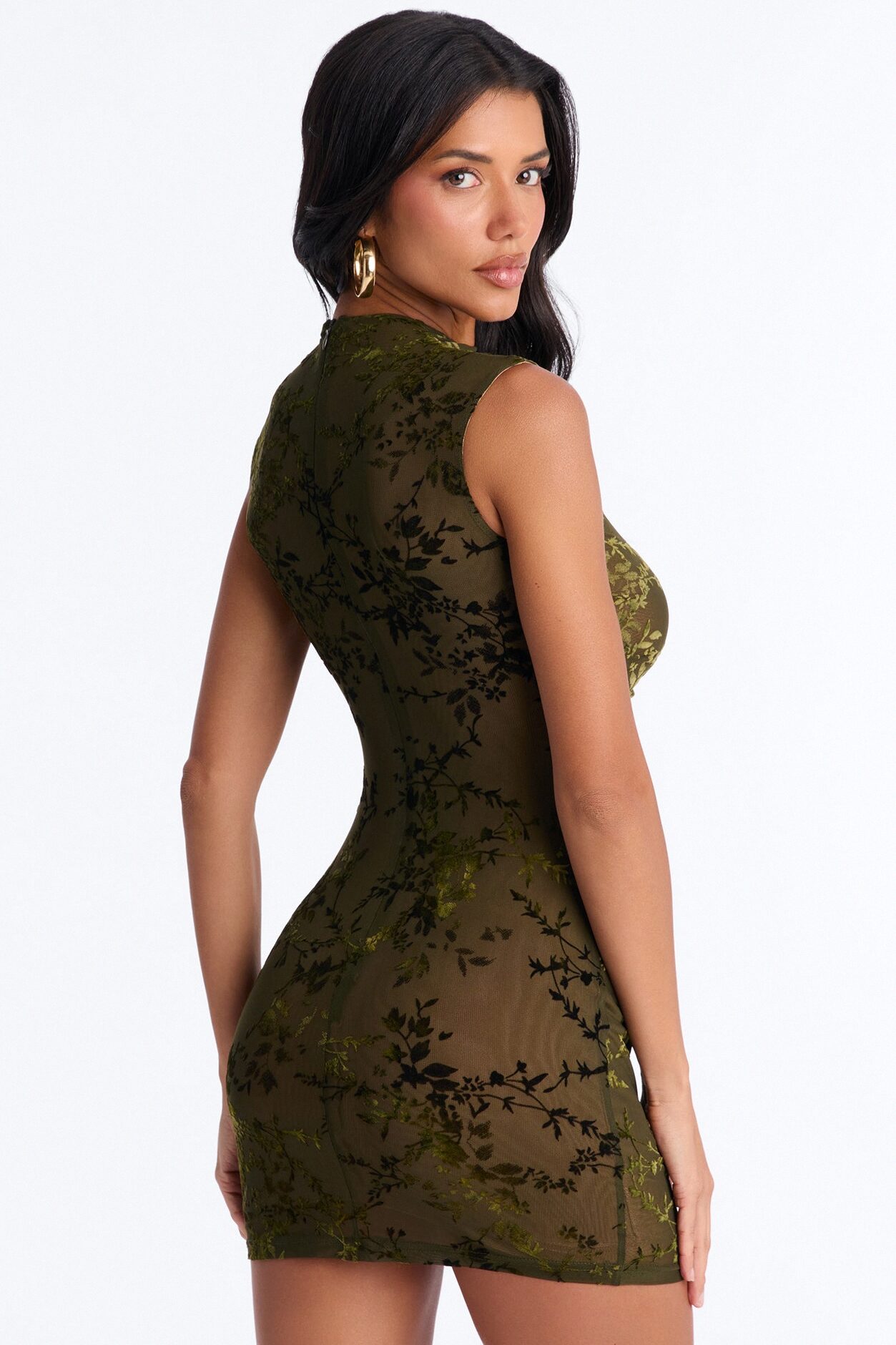 Magnolia Flocked Mesh Mini Dress - Olive