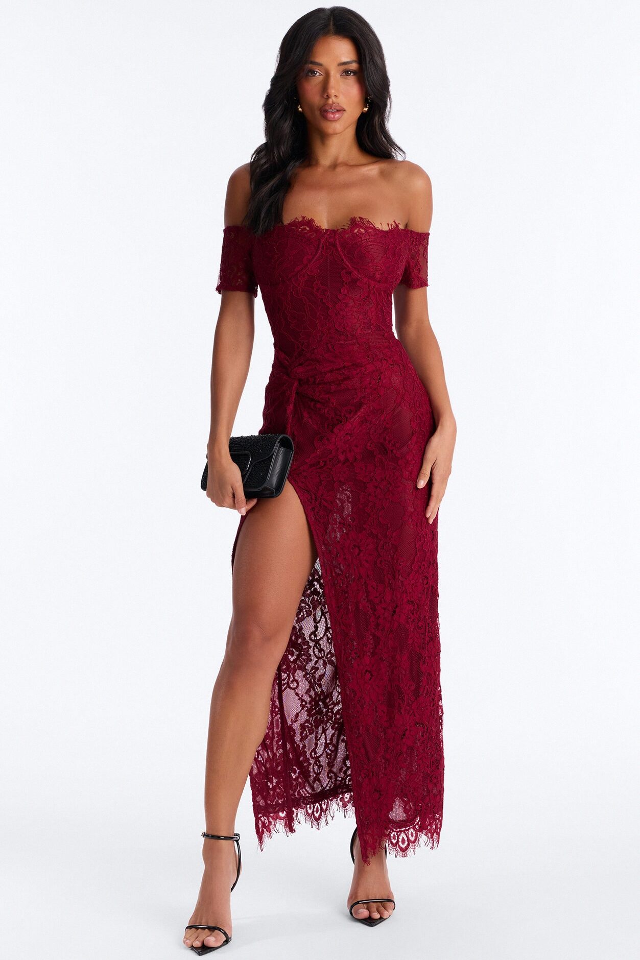 Dalia Off Shoulder Lace Gown - Wine