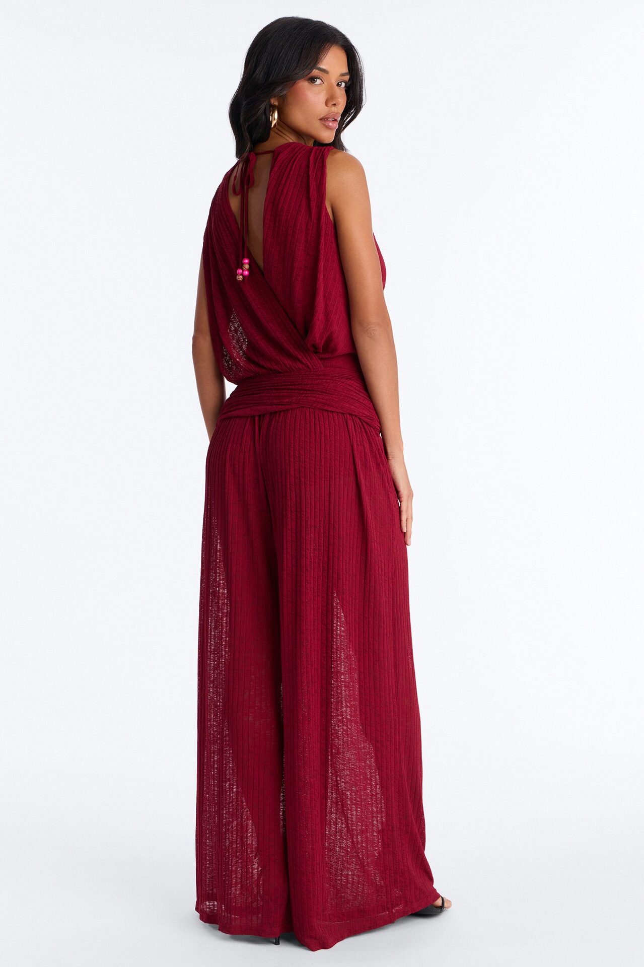 Romy Beaded Wide Leg Slit Jumpsuit - Wine