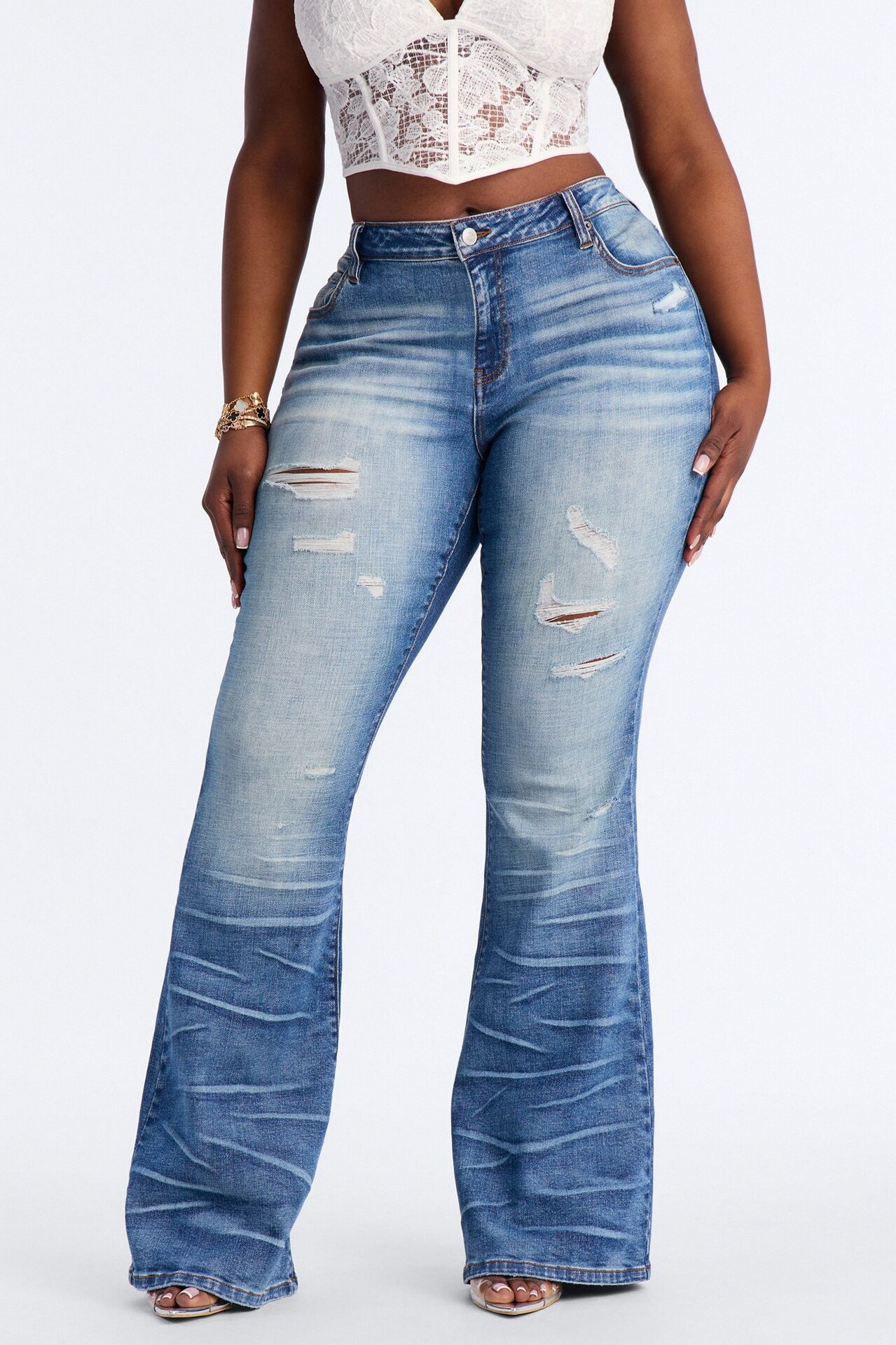 Final Call Premium Ripped Bell Bottom Jeans - Medium Wash