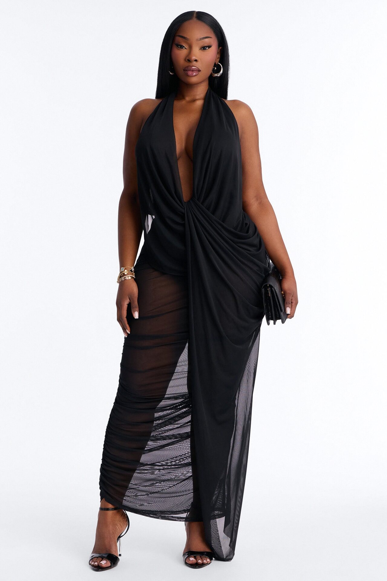 Kyla Halter Mesh Maxi Dress - Black