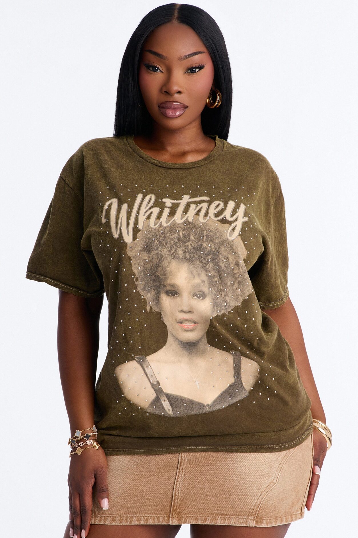 Whitney Washed Tee With Rhinestones - Brown