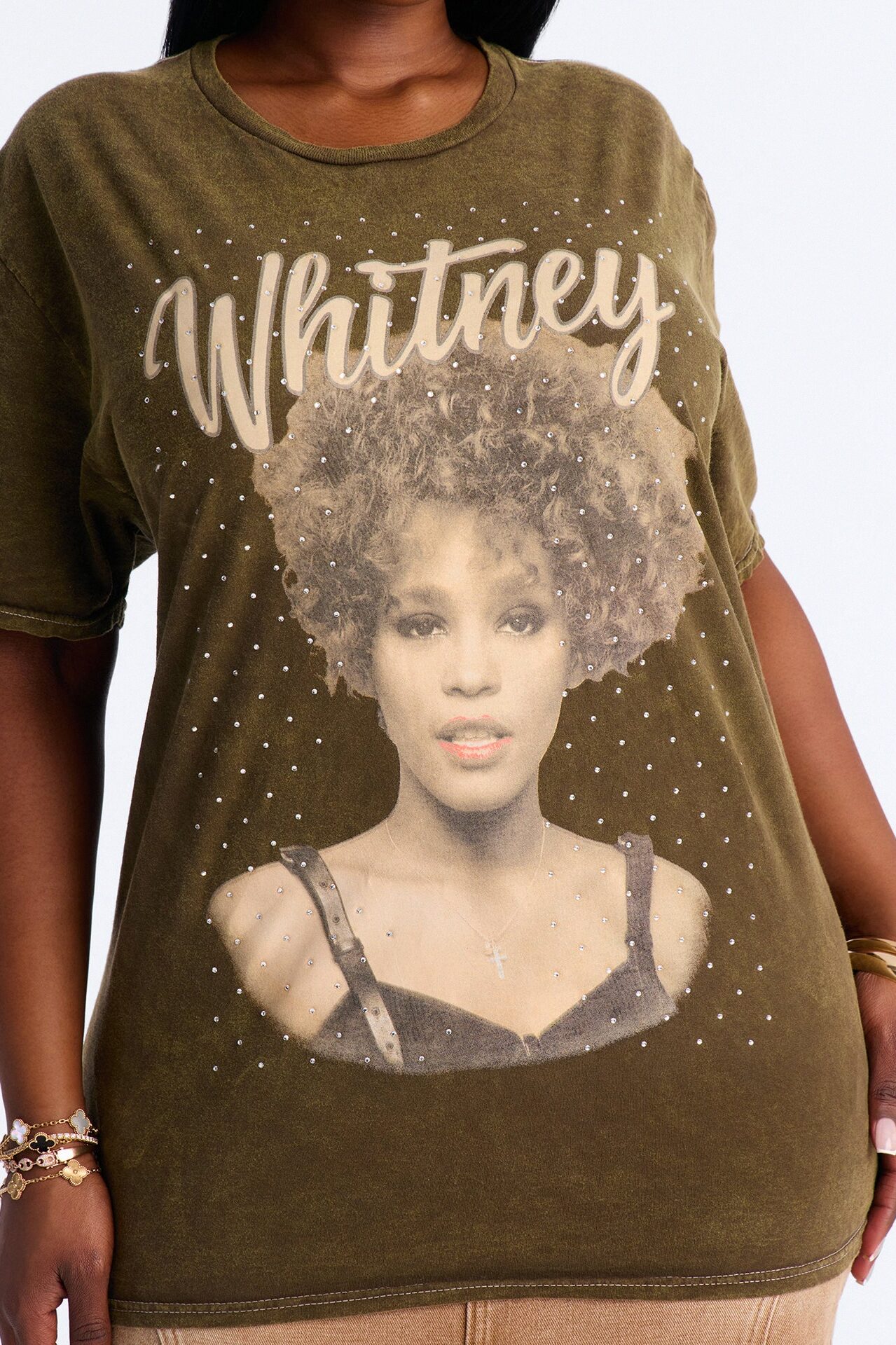 Whitney Washed Tee With Rhinestones - Brown