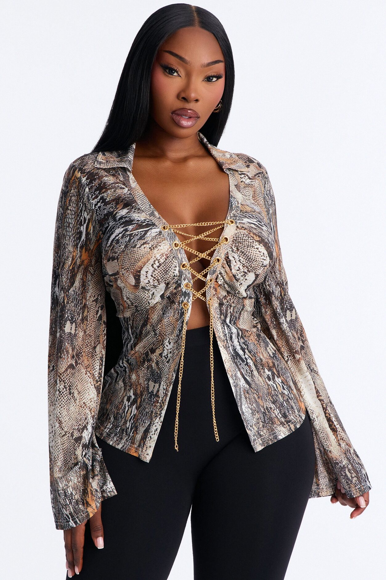 Forbidden Snake Lace Up Mesh Top - Brown/combo