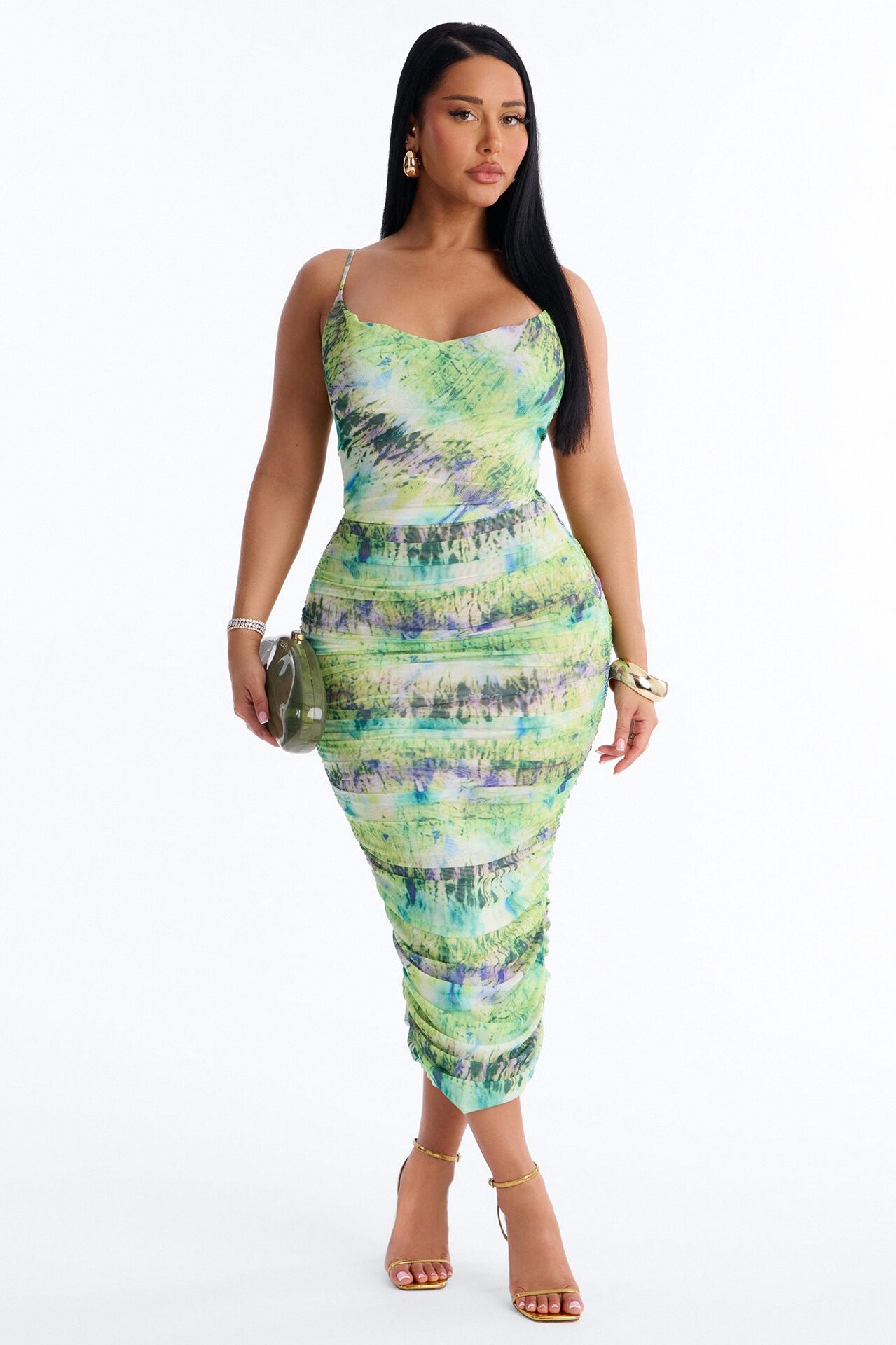 Adelina Ruched Mesh Midi Dress - Green/combo