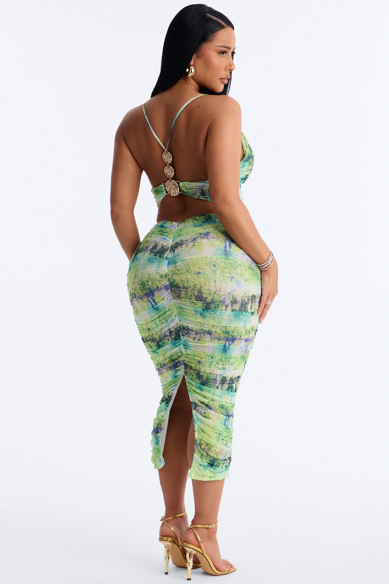 Adelina Ruched Mesh Midi Dress - Green/combo