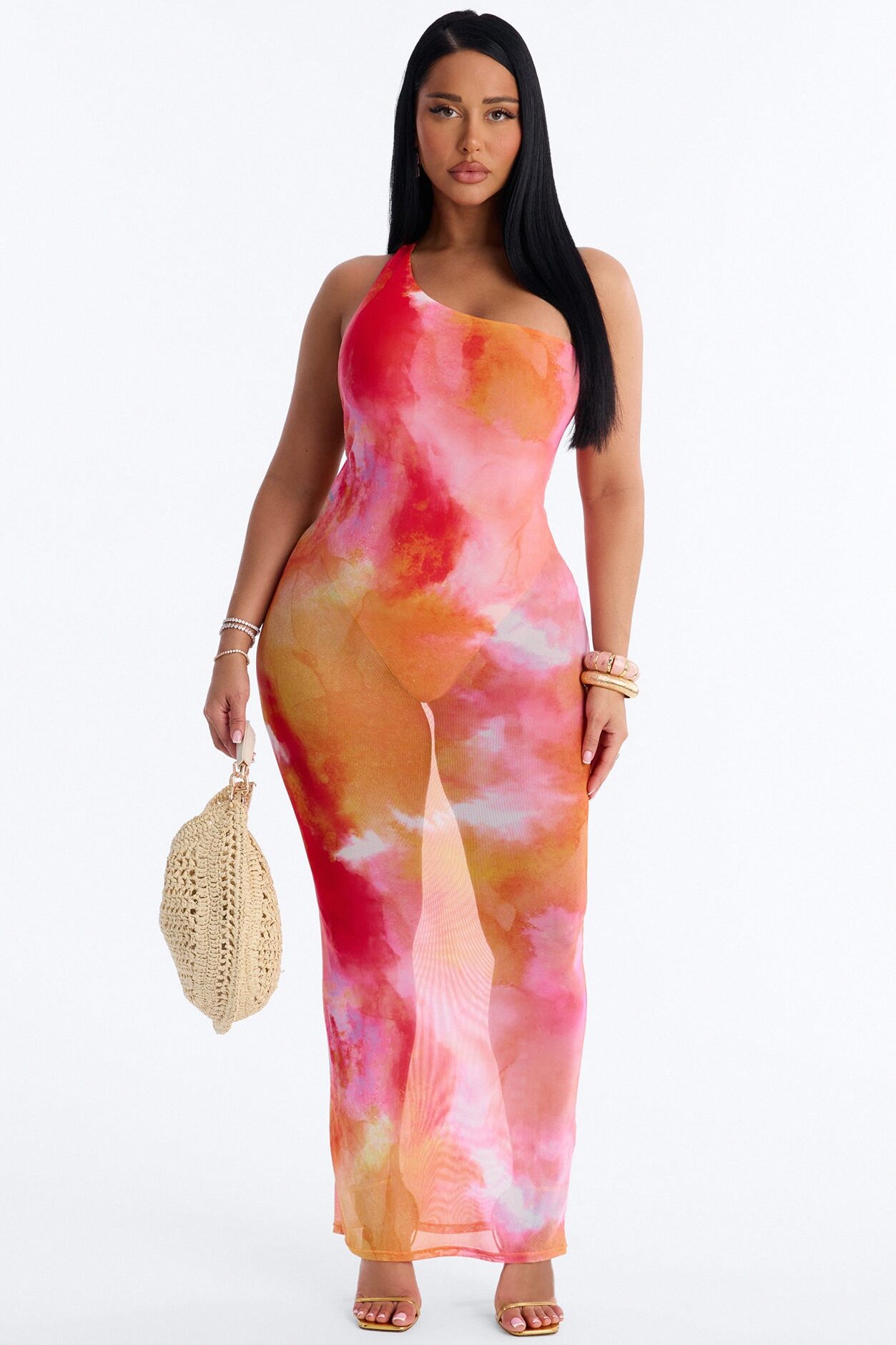 Macy One Shoulder Sheer Maxi Dress - Orange/combo