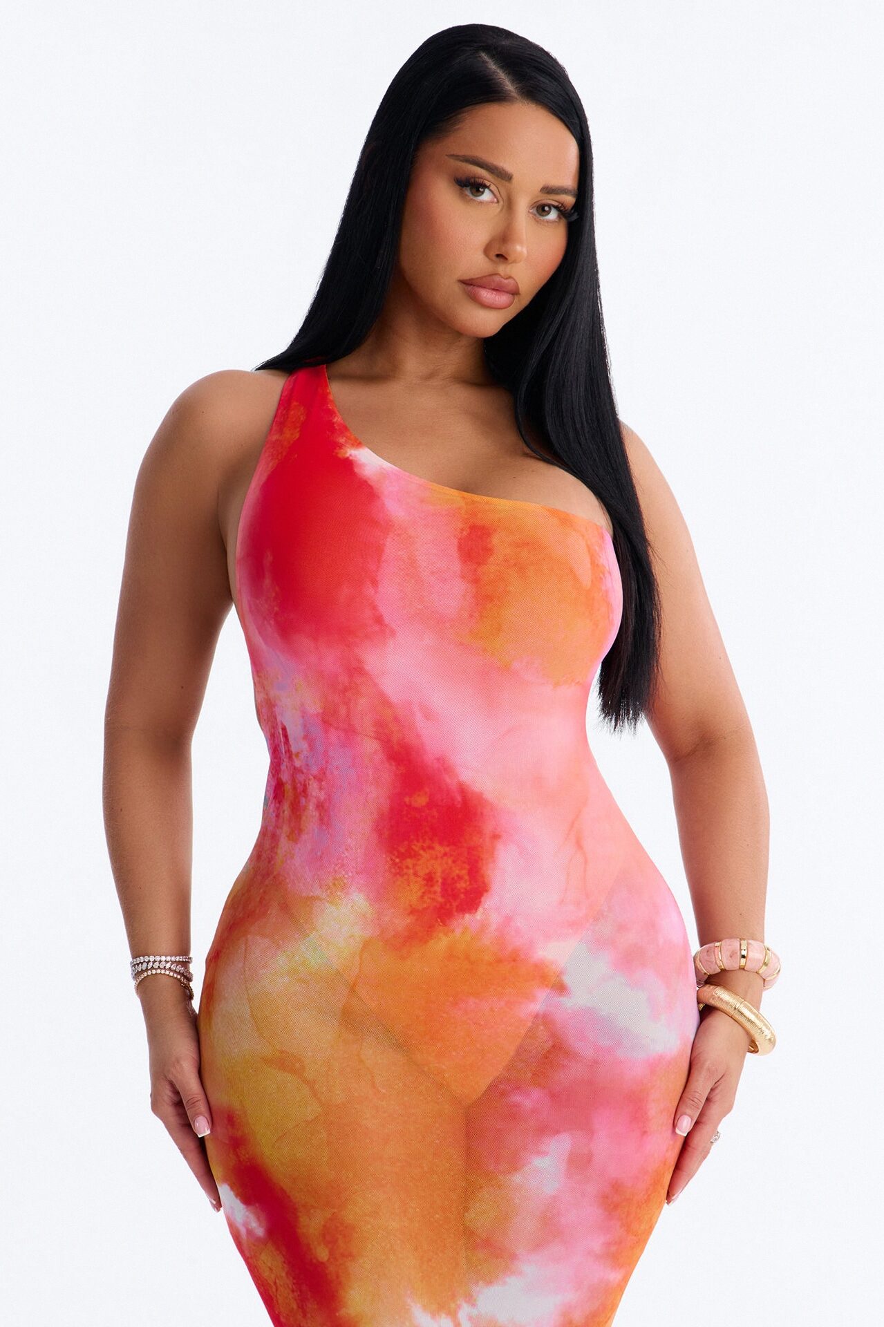 Macy One Shoulder Sheer Maxi Dress - Orange/combo