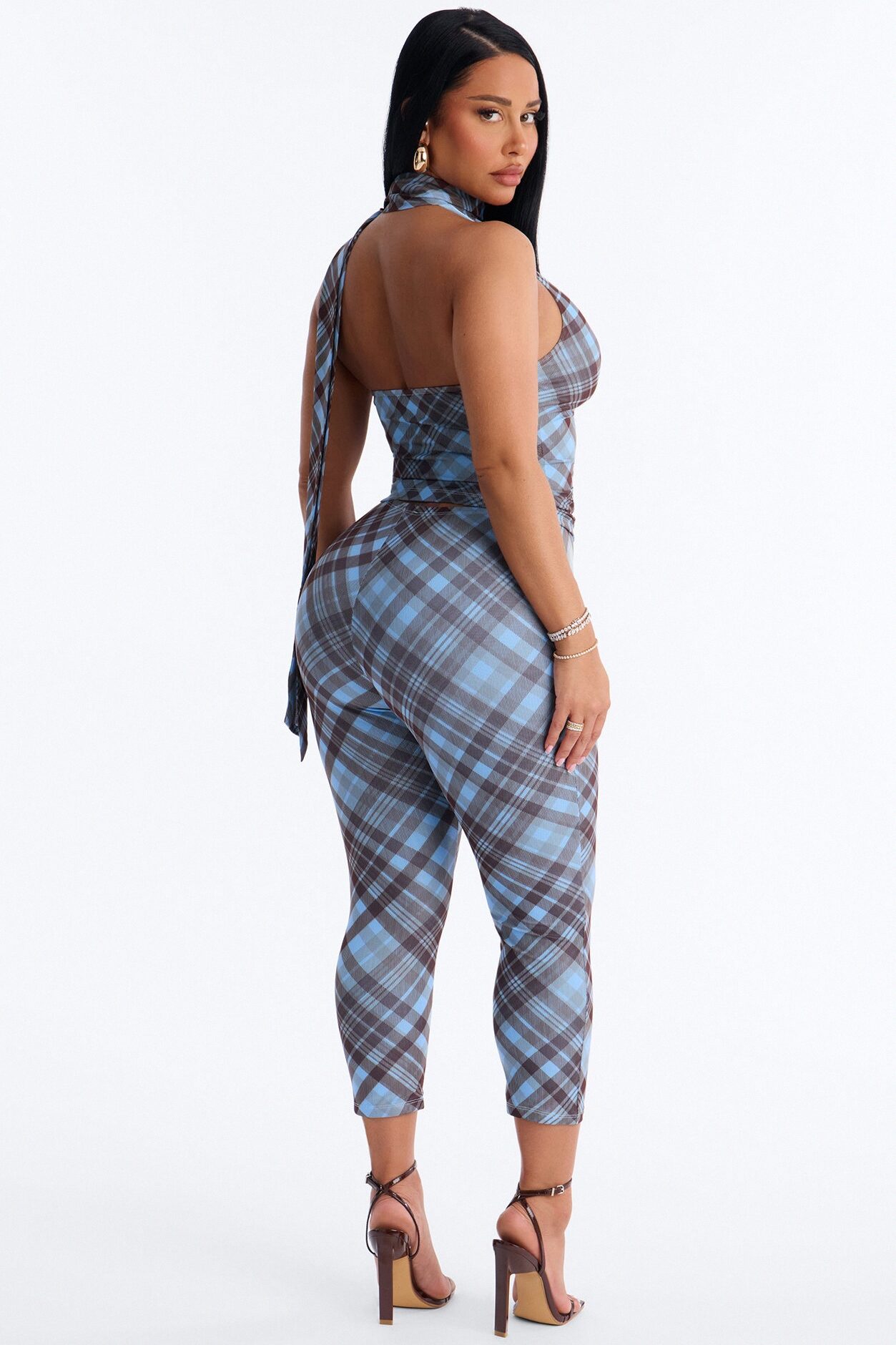 Paloma Plaid Halter 3 Piece Capri Set - Blue/combo