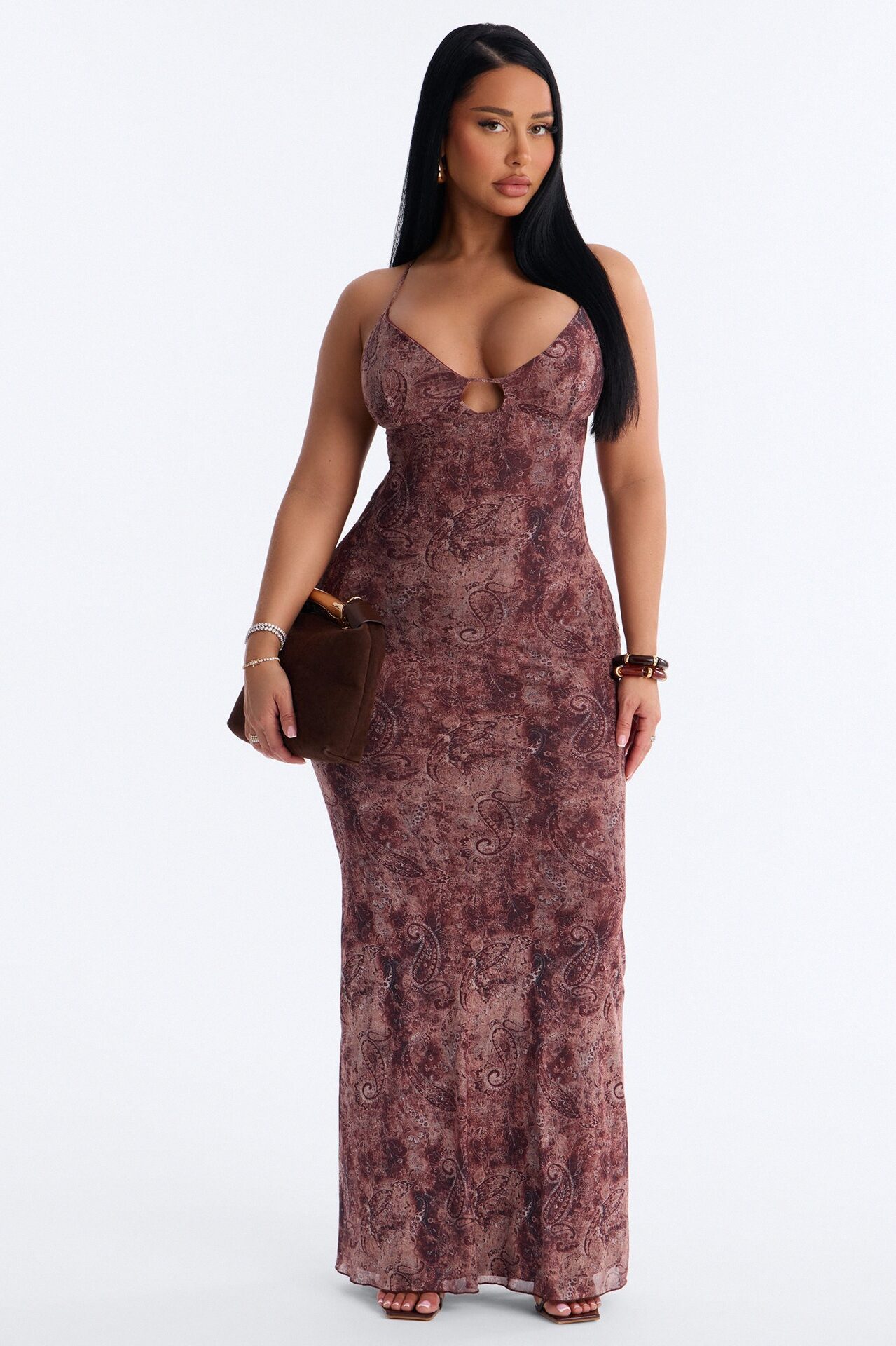 Indie Paisley Mesh Maxi Dress - Brown