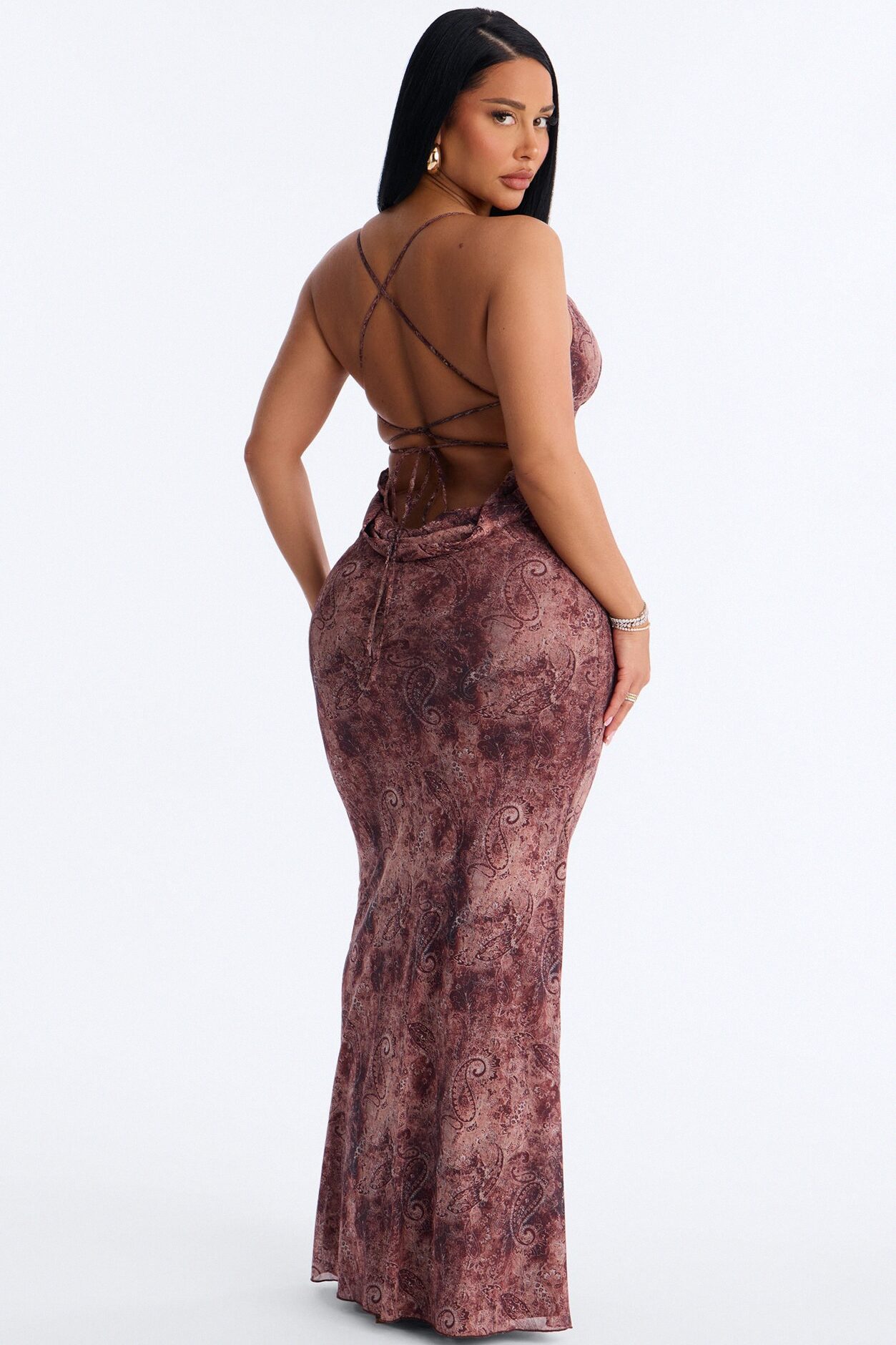 Indie Paisley Mesh Maxi Dress - Brown