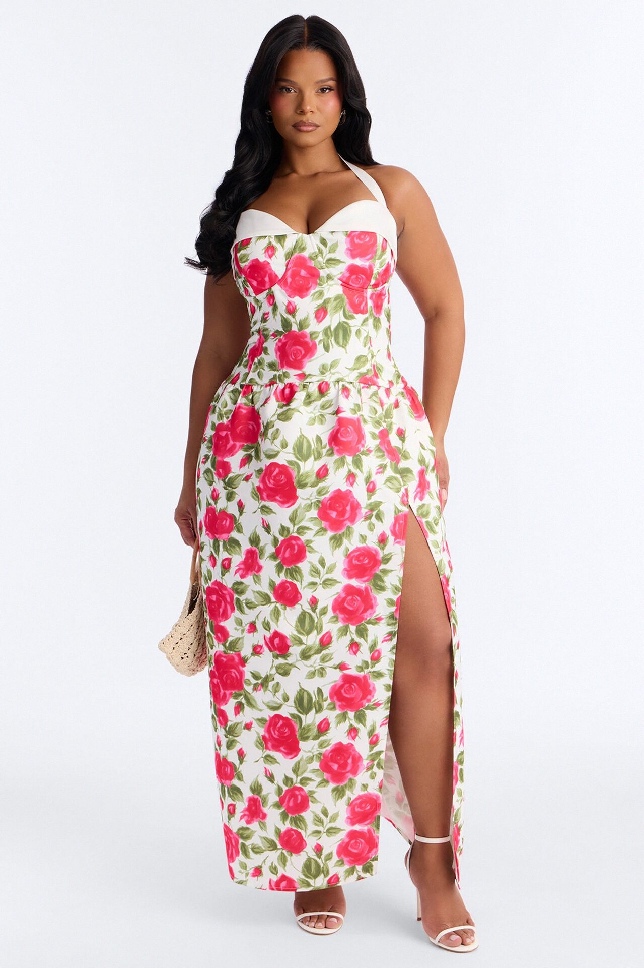 Sweetheart Floral Satin High Slit Maxi Dress - Pink/combo