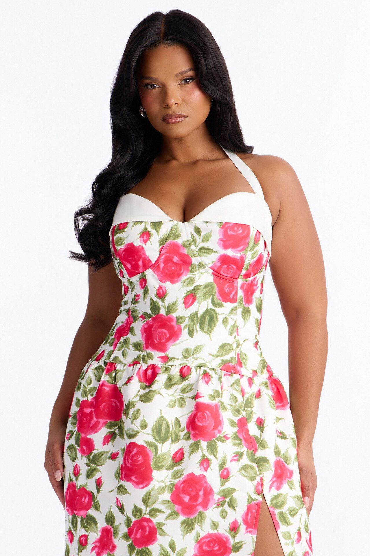 Sweetheart Floral Satin High Slit Maxi Dress - Pink/combo