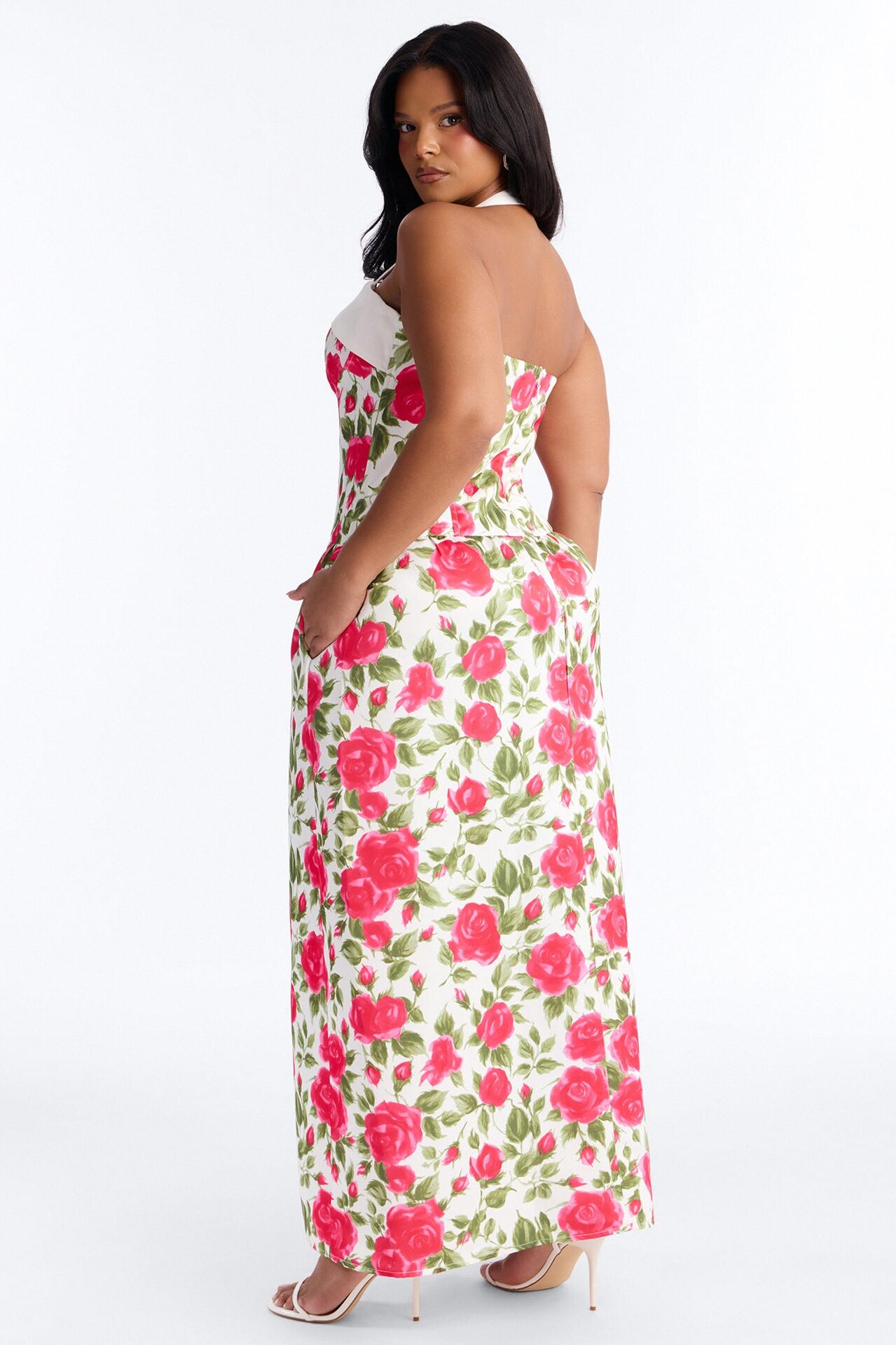 Sweetheart Floral Satin High Slit Maxi Dress - Pink/combo