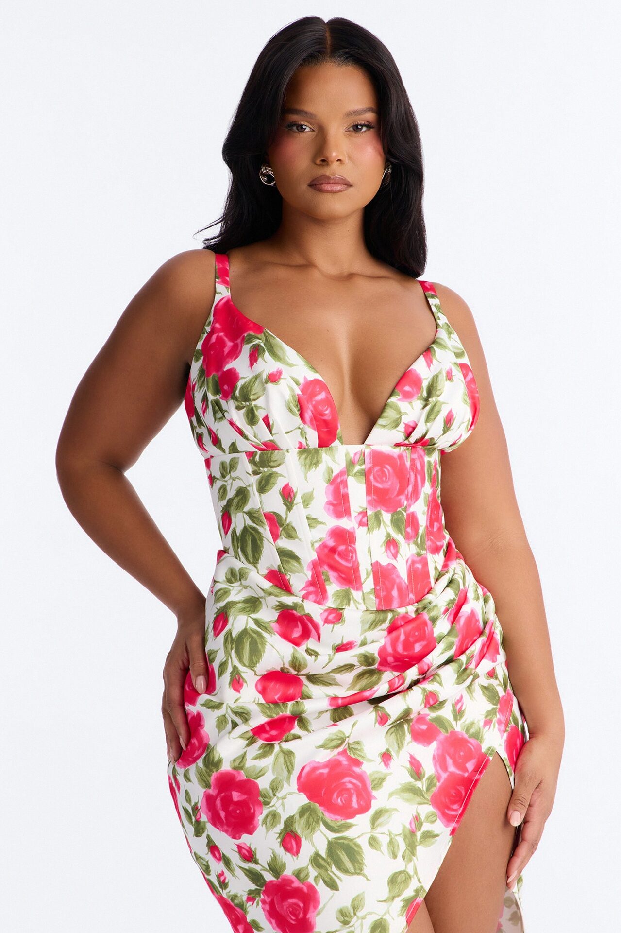 Sweetheart Floral Satin Corset Midi Dress - Pink/combo