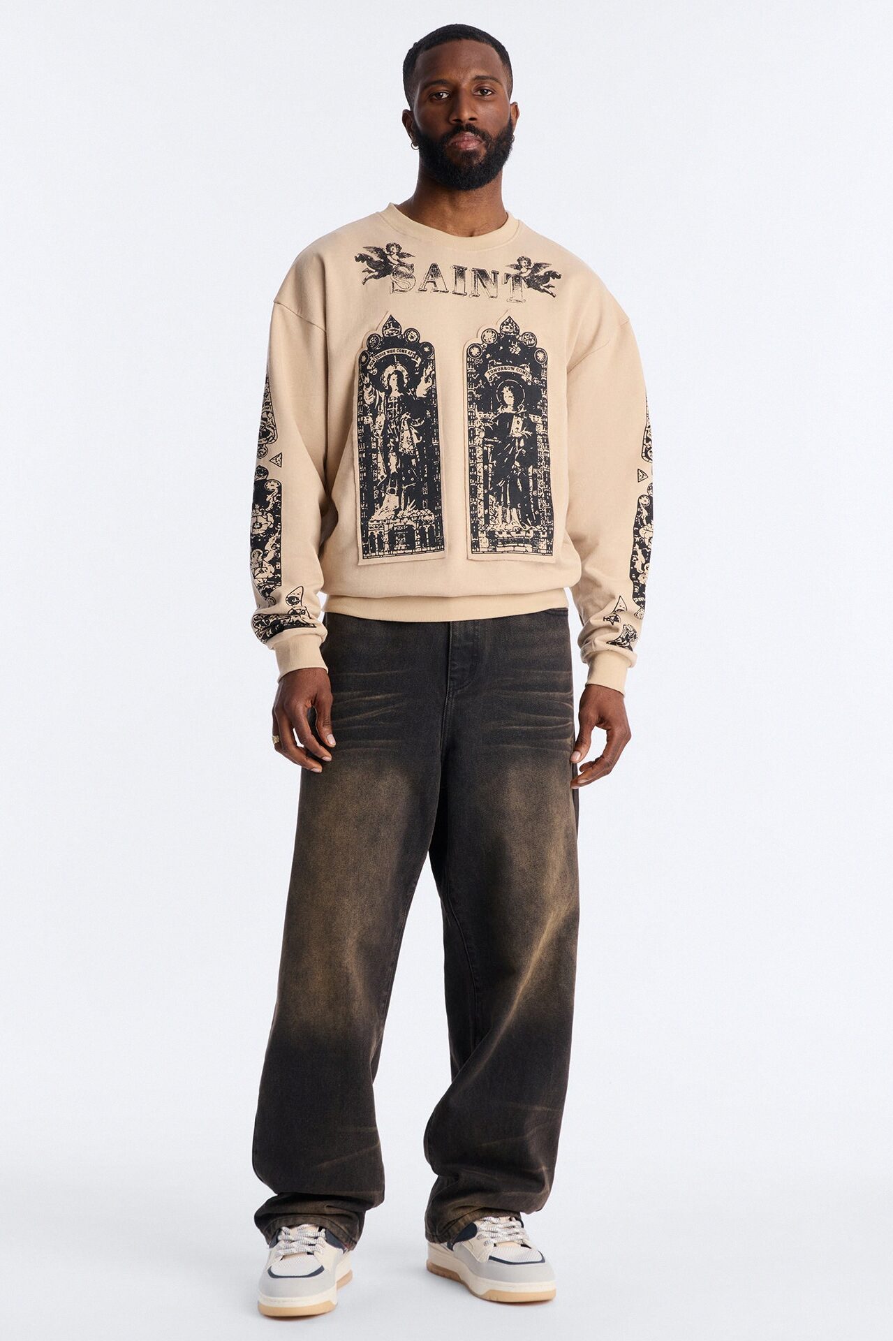 Saint Message Patched Crewneck Sweatshirt - Taupe