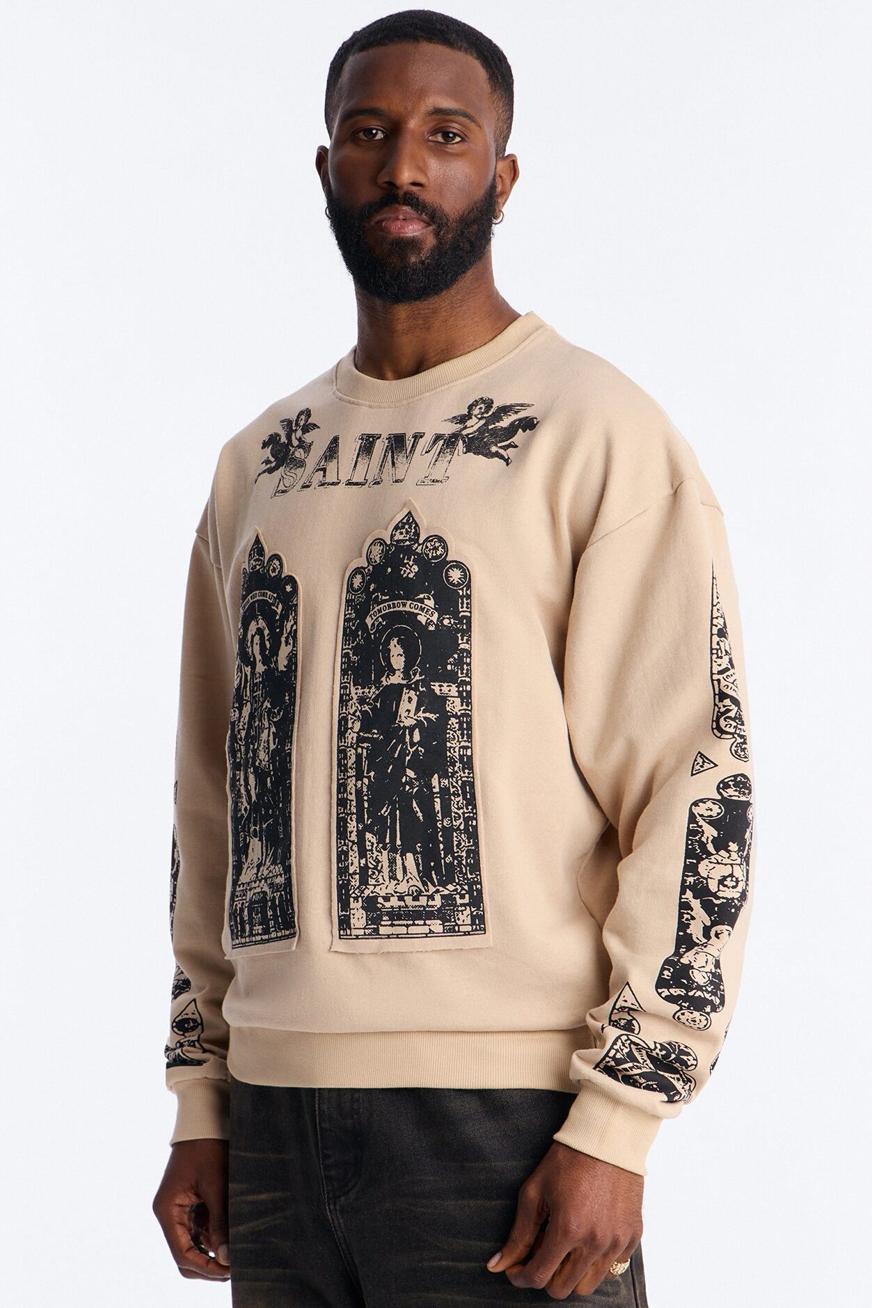 Saint Message Patched Crewneck Sweatshirt - Taupe