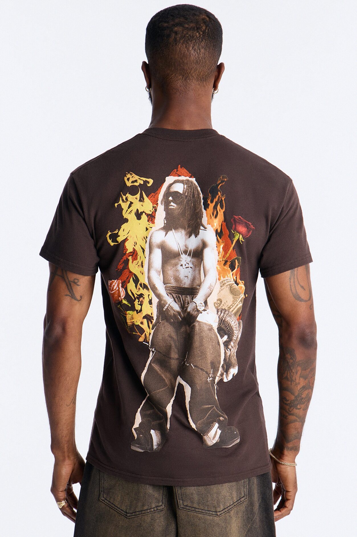 Lil Wayne Flames Graphic Short Sleeve Tee - Brown