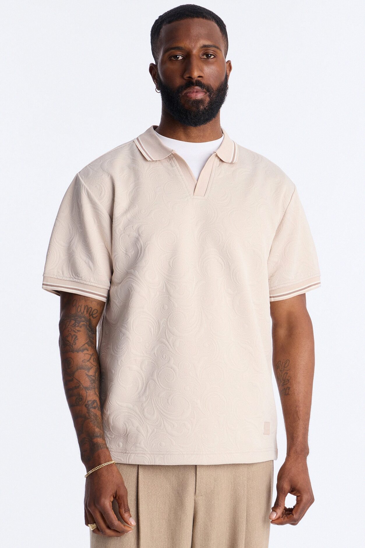 Saints Floral Johnny Collar Polo - Oatmeal
