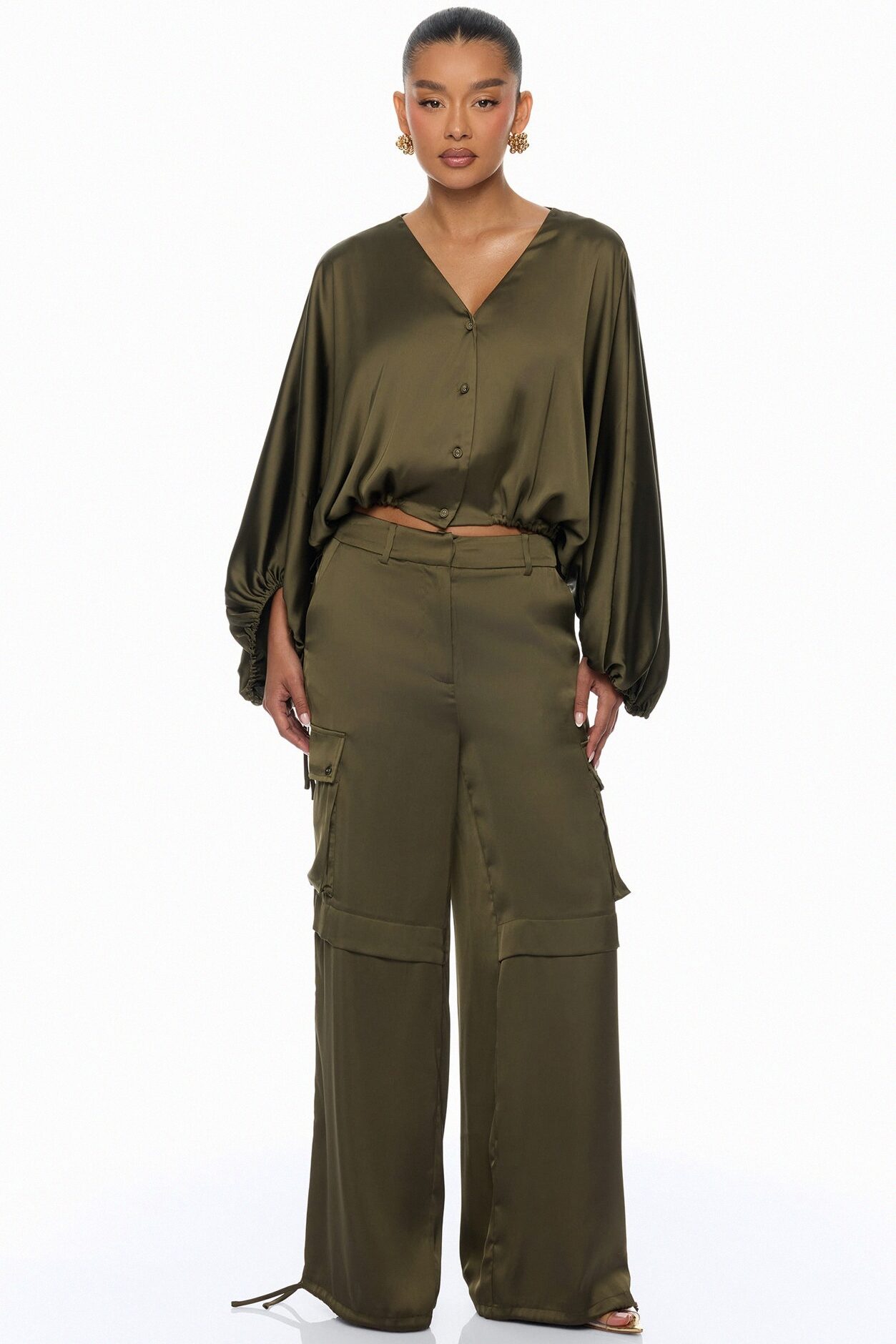 Priya Cargo Satin Pant Set - Olive