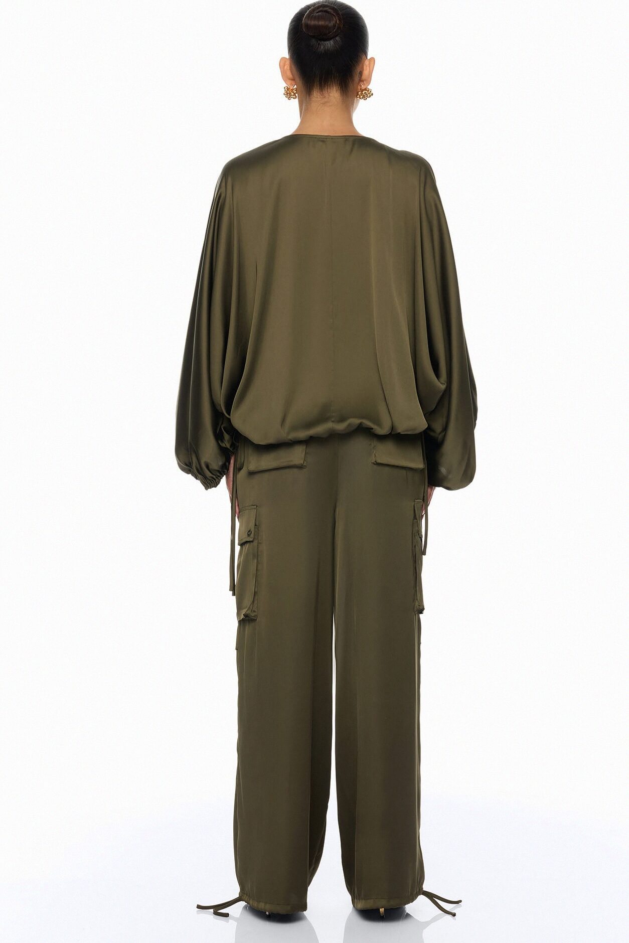 Priya Cargo Satin Pant Set - Olive